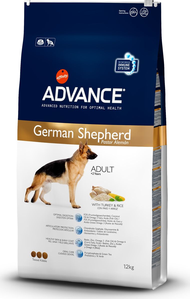 Корму сухой Advance для немецких овчарок German Shepherd, 12 кг. 52041013071 Корму сухой Advance для немецких овчарок German Shepherd, 12 кг. 52041013071Advance – высококачественный корм супер-премиум класса Испанской компании Affinity Petcare, которая занимает лидирующие места на Европейском и мировом рынках. Корм разработан с учетом всех особенностей развития и жизнедеятельности собак и кошек. В линейке кормов Advance любой хозяин может подобрать необходимое питание в соответствии с возрастом и уникальными особенностями своего животного, а также в случае назначения специалистами ветеринарной диеты. рис (22%), маис, дегидрированный куриный белок, индейка (11%), маисовый глютен, курица, гидролизированный белок животного происхождения, кокосове масло, свекольный жом, дрожжи, хлористый калий, рыбий жир, плазменный протеинs, пирофосфорнокислый натрий, фруктоолигосахариды, глюкозамин, хондроитинсульфат,цитрусовый экстракт,обогащенный биофлаваноидами,зеленый чай (0.013%), природные полифенолы. Affinity Petcare имеет собственную лабораторию, а также сотрудничает со множеством международных исследовательских центров, благодаря чему...