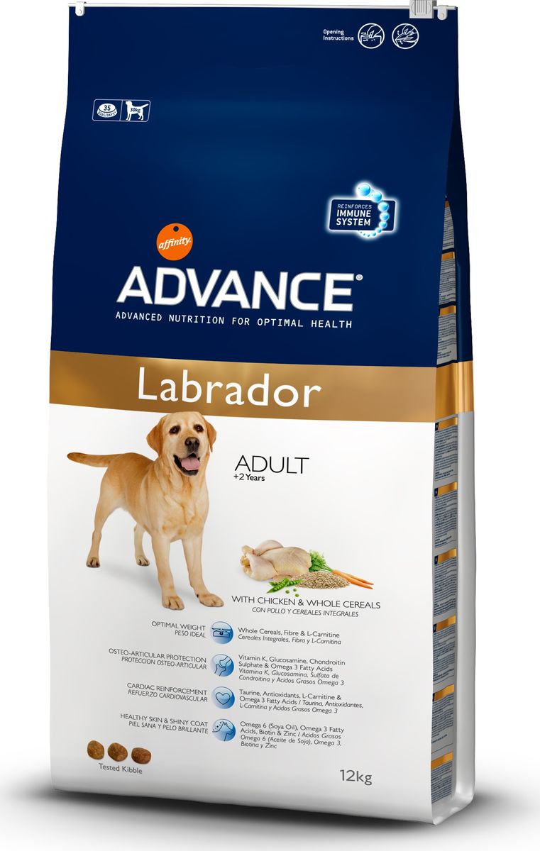 Корму сухой Advance для золотистых ретриверов лабрадоров Labrador Retriever, 12 кг. 53651013073 Корму сухой Advance для золотистых ретриверов лабрадоров Labrador Retriever, 12 кг. 53651013073Advance – высококачественный корм супер-премиум класса Испанской компании Affinity Petcare, которая занимает лидирующие места на Европейском и мировом рынках. Корм разработан с учетом всех особенностей развития и жизнедеятельности собак и кошек. В линейке кормов Advance любой хозяин может подобрать необходимое питание в соответствии с возрастом и уникальными особенностями своего животного, а также в случае назначения специалистами ветеринарной диеты. Affinity Petcare имеет собственную лабораторию, а также сотрудничает со множеством международных исследовательских центров, благодаря чему специалисты постоянно совершенствуют рецептуру и полезные свойства своих кормов. В составе главным источником белка является СВЕЖЕЕ мясо, благодаря которому корм обладает высокими вкусовыми качествами, а также высокой питательной ценностью.