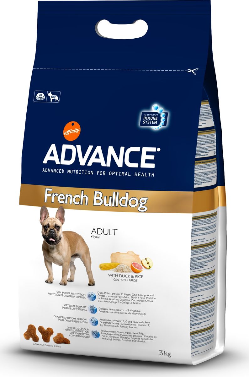 Корму сухой Advance для французских бульдогов French Bulldog, 3 кг. 50048513074 Корму сухой Advance для французских бульдогов French Bulldog, 3 кг. 50048513074Advance – высококачественный корм супер-премиум класса Испанской компании Affinity Petcare, которая занимает лидирующие места на Европейском и мировом рынках. Корм разработан с учетом всех особенностей развития и жизнедеятельности собак и кошек. В линейке кормов Advance любой хозяин может подобрать необходимое питание в соответствии с возрастом и уникальными особенностями своего животного, а также в случае назначения специалистами ветеринарной диеты. маис (21%), утка(18%), рис (15%), мука из маиса, дегидрированный белок утки, ячмень, гидролизированный белок животного происхождения,картофельный протеин,животный жир, гидролизированный коллаген, рыбий жир, дрожжи, свекольный жом, карбонат кальция, растительные волокна, хлористый калий, плазменный протеин,соевое масло, пирофосфорнокислый натрий, соль, дегидрированное яблоко (0.1%),дегидрированный грейпфрут (0.02%). Affinity Petcare имеет собственную лабораторию, а также сотрудничает со множеством международных исследовательских центров,...