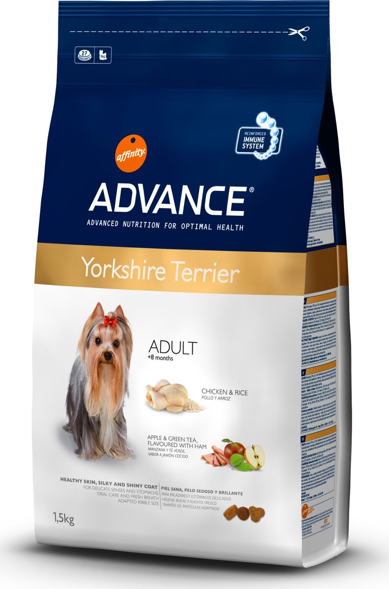 Корму сухой Advance для йоркширскх терьеров Yorkshire Terrier, 1,5 кг. 52321013077 Корму сухой Advance для йоркширскх терьеров Yorkshire Terrier, 1,5 кг. 52321013077Advance – высококачественный корм супер-премиум класса Испанской компании Affinity Petcare, которая занимает лидирующие места на Европейском и мировом рынках. Корм разработан с учетом всех особенностей развития и жизнедеятельности собак и кошек. В линейке кормов Advance любой хозяин может подобрать необходимое питание в соответствии с возрастом и уникальными особенностями своего животного, а также в случае назначения специалистами ветеринарной диеты. Курица (19%), рис (15%), дегидрированное мясо курицы, маис, мука из маиса, животный жир (стабилизированный витамином Е), гидролизированные белки животного проихождения, пшеница, свекольный жом, рыбий жир,яичный порошок, дрожжи, хлористый калий, инулин, плазменный протеин, пирофосфорнокислый натрий, монокальций фосфат, карбонат кальция, соль, дегидрированная ветчина (0.05%), дегидрированное яблоко (0.05%), зеленый чай (0.013%) и природные полифенолы. Affinity Petcare имеет собственную лабораторию, а также сотрудничает со множеством...