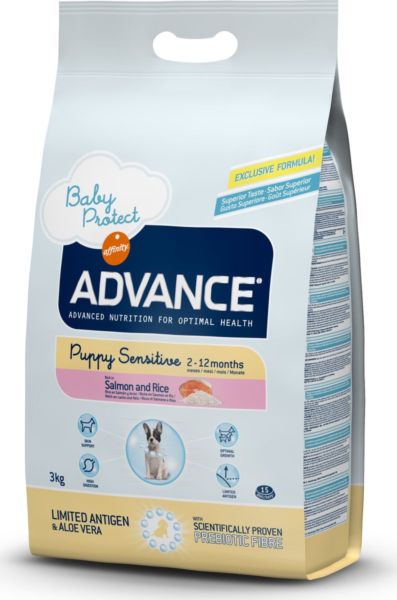 Корму сухой Advance для щенков с чувствительным пищеварением: лосось и рис Puppy Sensitive, 3 кг. 50093413079 Корму сухой Advance для щенков с чувствительным пищеварением: лосось и рис Puppy Sensitive, 3 кг. 50093413079Advance – высококачественный корм супер-премиум класса Испанской компании Affinity Petcare, которая занимает лидирующие места на Европейском и мировом рынках. Корм разработан с учетом всех особенностей развития и жизнедеятельности собак и кошек. В линейке кормов Advance любой хозяин может подобрать необходимое питание в соответствии с возрастом и уникальными особенностями своего животного, а также в случае назначения специалистами ветеринарной диеты. Лосось (18%), маис, рис (14%), дегидрированный белок лосося,маисовый глютен, животный жир, гидролизированный белок животного происхождения, картофельный протеин, дрожжи, гидролизированный коллаген, свекольный жом, растительные волокна, хлористый калий,фруктоолигосахариды (0.43%), рыбий жир, карбонат кальция, соль, алоэ вера (0.005%) Affinity Petcare имеет собственную лабораторию, а также сотрудничает со множеством международных исследовательских центров, благодаря чему специалисты постоянно совершенствуют рецептуру и полезные свойства...