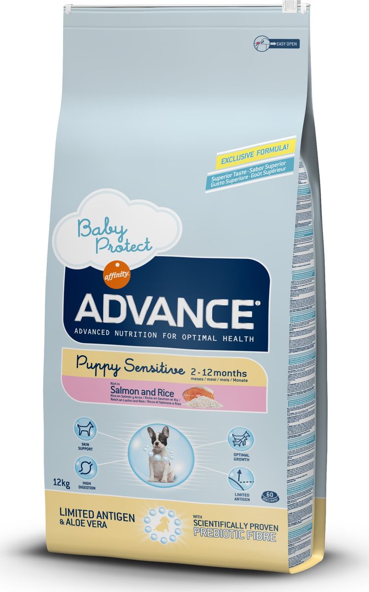 Корму сухой Advance для щенков с чувствительным пищеварением: лосось и рис Puppy Sensitive, 12 кг. 92017913080 Корму сухой Advance для щенков с чувствительным пищеварением: лосось и рис Puppy Sensitive, 12 кг. 92017913080Advance – высококачественный корм супер-премиум класса Испанской компании Affinity Petcare, которая занимает лидирующие места на Европейском и мировом рынках. Корм разработан с учетом всех особенностей развития и жизнедеятельности собак и кошек. В линейке кормов Advance любой хозяин может подобрать необходимое питание в соответствии с возрастом и уникальными особенностями своего животного, а также в случае назначения специалистами ветеринарной диеты. Лосось (18%), маис, рис (14%), дегидрированный белок лосося,маисовый глютен, животный жир, гидролизированный белок животного происхождения, картофельный протеин, дрожжи, гидролизированный коллаген, свекольный жом, растительные волокна, хлористый калий,фруктоолигосахариды (0.43%), рыбий жир, карбонат кальция, соль, алоэ вера (0.005%) Affinity Petcare имеет собственную лабораторию, а также сотрудничает со множеством международных исследовательских центров, благодаря чему специалисты постоянно совершенствуют рецептуру и полезные свойства...