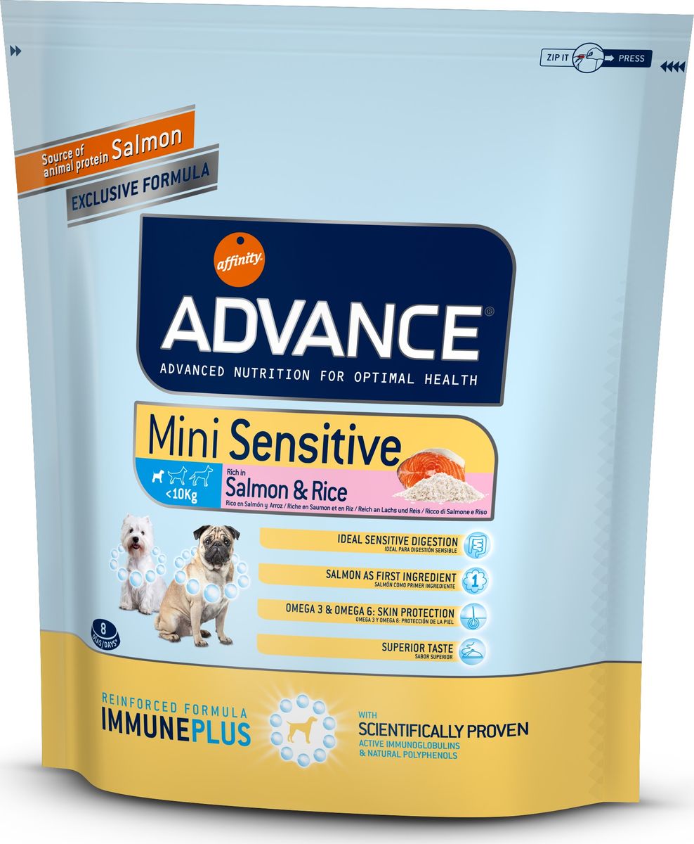 Корму сухой Advance для собак малых пород с чувствительным пищеварением Mini Sensitive, 0,8 кг. 92151413083 Корму сухой Advance для собак малых пород с чувствительным пищеварением Mini Sensitive, 0,8 кг. 92151413083Advance – высококачественный корм супер-премиум класса Испанской компании Affinity Petcare, которая занимает лидирующие места на Европейском и мировом рынках. Корм разработан с учетом всех особенностей развития и жизнедеятельности собак и кошек. В линейке кормов Advance любой хозяин может подобрать необходимое питание в соответствии с возрастом и уникальными особенностями своего животного, а также в случае назначения специалистами ветеринарной диеты. Лосось (18%), маис, мука из маиса, рис (14%), дегидрированный белок лосося, животный жир, гидролизированный протеин, дрожжи, свекольный жом, кормовая мука из рапсового жмыха, растительные волокна, хлористый калий, карбонат кальция, фруктоолигосахариды Affinity Petcare имеет собственную лабораторию, а также сотрудничает со множеством международных исследовательских центров, благодаря чему специалисты постоянно совершенствуют рецептуру и полезные свойства своих кормов. В составе главным источником белка является СВЕЖЕЕ мясо, благодаря...