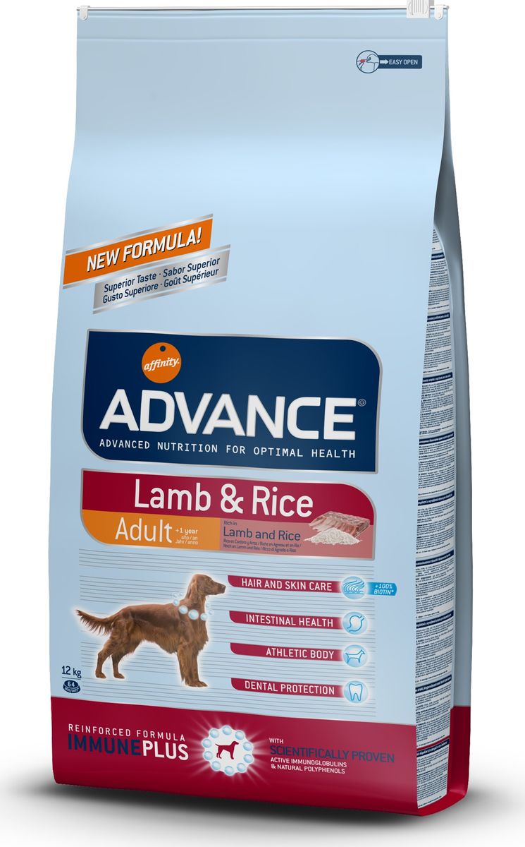 Корму сухой Advance для собак с ягненком и рисом Lamb&Rice, 12 кг. 50054913265 Корму сухой Advance для собак с ягненком и рисом Lamb&Rice, 12 кг. 50054913265Advance – высококачественный корм супер-премиум класса Испанской компании Affinity Petcare, которая занимает лидирующие места на Европейском и мировом рынках. Корм разработан с учетом всех особенностей развития и жизнедеятельности собак и кошек. В линейке кормов Advance любой хозяин может подобрать необходимое питание в соответствии с возрастом и уникальными особенностями своего животного, а также в случае назначения специалистами ветеринарной диеты. Ягненок (15%), рис (15%), дегидрированное мясо курицы, маис, маисовый глютен, мука из маиса, животный жир, гидролизированный белок животного происхождения, дегидрированный белок свинины, свекольный жом, дрожжи, рыбий жир, хлористый калий, плазменный протеин, монокальцийфосфат, пирофосфорнокислый натрий, соль, карбонат кальция, природные полифенолы. Affinity Petcare имеет собственную лабораторию, а также сотрудничает со множеством международных исследовательских центров, благодаря чему специалисты постоянно совершенствуют рецептуру и...