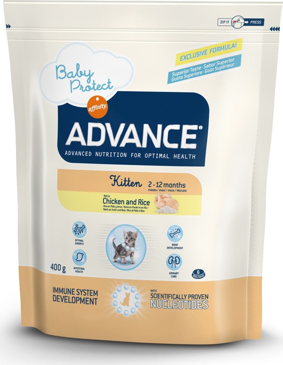 Корму сухой Advance для котят с 2 до 12 месяцев Baby Protect Kitten, 0,4 кг. 92221520711 Корму сухой Advance для котят с 2 до 12 месяцев Baby Protect Kitten, 0,4 кг. 92221520711Advance – высококачественный корм супер-премиум класса Испанской компании Affinity Petcare, которая занимает лидирующие места на Европейском и мировом рынках. Корм разработан с учетом всех особенностей развития и жизнедеятельности собак и кошек. В линейке кормов Advance любой хозяин может подобрать необходимое питание в соответствии с возрастом и уникальными особенностями своего животного, а также в случае назначения специалистами ветеринарной диеты. Курица (20%), дегидрированное мясо курицы, рис (16%), маисовый глютен, животный жир, маис, дегидрированный белок свинины, пшеничный глютен, гидролизированные белки животного происхождения, дегидрированный белок лосося, свекольный жом, яичный порошок, гидролизированный белок лосося, рыбий жир, плазменный протеин, дрожжи, фруктоолигосахариды, хлористый калий, монокальцийфосфат, соевое масло, нуклеотиды. Affinity Petcare имеет собственную лабораторию, а также сотрудничает со множеством международных исследовательских центров, благодаря чему...