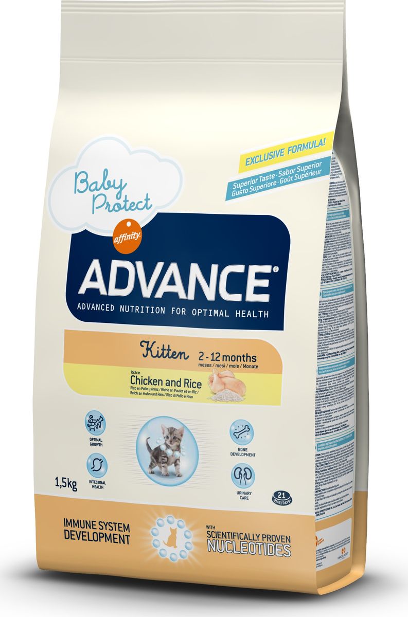 Корму сухой Advance для котят с 2 до 12 месяцев Baby Protect Kitten, 1,5 кг. 53021120712 Корму сухой Advance для котят с 2 до 12 месяцев Baby Protect Kitten, 1,5 кг. 53021120712Advance – высококачественный корм супер-премиум класса Испанской компании Affinity Petcare, которая занимает лидирующие места на Европейском и мировом рынках. Корм разработан с учетом всех особенностей развития и жизнедеятельности собак и кошек. В линейке кормов Advance любой хозяин может подобрать необходимое питание в соответствии с возрастом и уникальными особенностями своего животного, а также в случае назначения специалистами ветеринарной диеты. Курица (20%), дегидрированное мясо курицы, рис (16%), маисовый глютен, животный жир, маис, дегидрированный белок свинины, пшеничный глютен, гидролизированные белки животного происхождения, дегидрированный белок лосося, свекольный жом, яичный порошок, гидролизированный белок лосося, рыбий жир, плазменный протеин, дрожжи, фруктоолигосахариды, хлористый калий, монокальцийфосфат, соевое масло, нуклеотиды. Affinity Petcare имеет собственную лабораторию, а также сотрудничает со множеством международных исследовательских центров, благодаря чему...