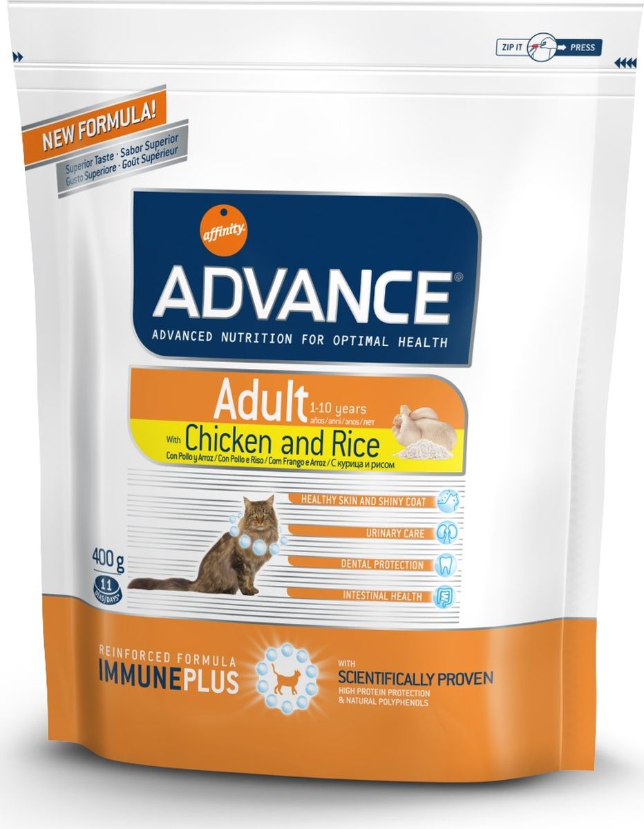 Корму сухой Advance для взрослых кошек: курица и рис Adult C&R, 0,4 кг. 92220920714 Корму сухой Advance для взрослых кошек: курица и рис Adult C&R, 0,4 кг. 92220920714Advance – высококачественный корм супер-премиум класса Испанской компании Affinity Petcare, которая занимает лидирующие места на Европейском и мировом рынках. Корм разработан с учетом всех особенностей развития и жизнедеятельности собак и кошек. В линейке кормов Advance любой хозяин может подобрать необходимое питание в соответствии с возрастом и уникальными особенностями своего животного, а также в случае назначения специалистами ветеринарной диеты. Курица (21%), маис, дегидрированное мясо курицы,маисовый глютен, рис (8%), животный жир, гидролизированный белок животного происхождения, дегидрированный белок свинины, гидролизированный белок рыбы,яичный порошок, дрожжи, рыбий жир, хлористый калий, плазменный протеин, соль, природные полифенолы. Affinity Petcare имеет собственную лабораторию, а также сотрудничает со множеством международных исследовательских центров, благодаря чему специалисты постоянно совершенствуют рецептуру и полезные свойства своих кормов. В составе главным...