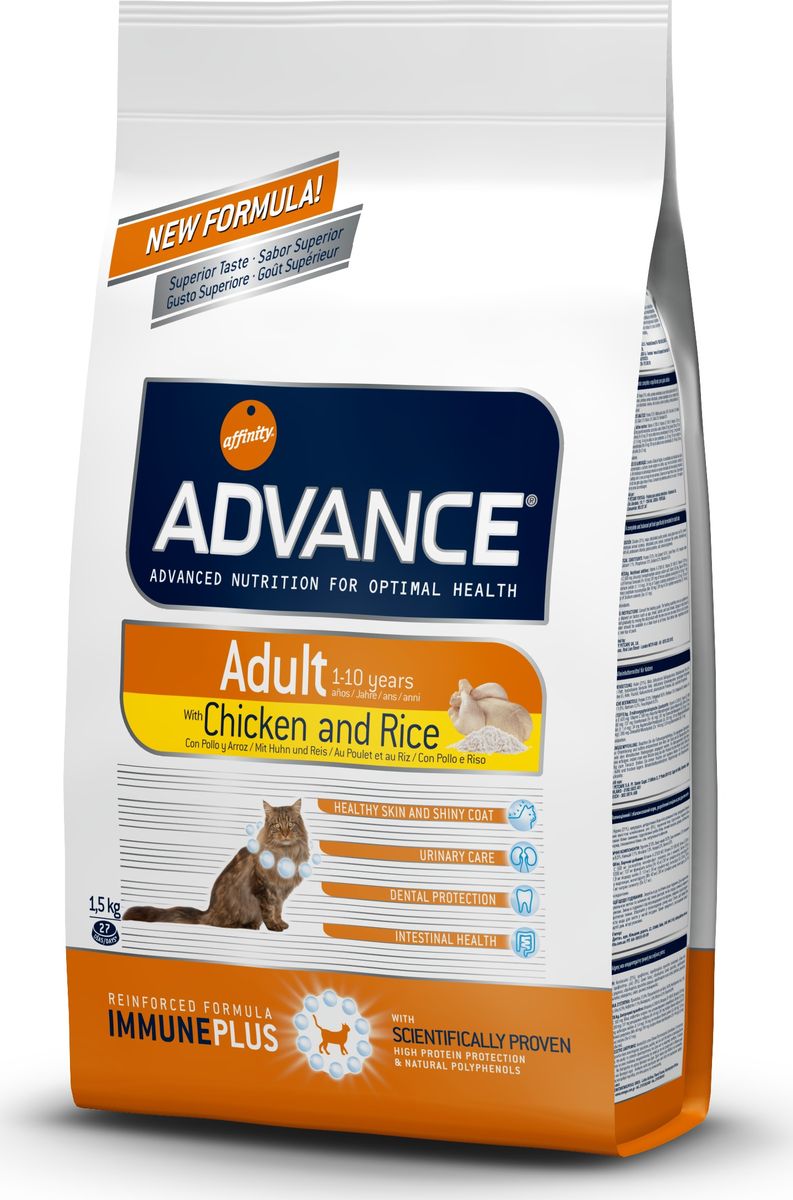 Корму сухой Advance для взрослых кошек: курица и рис Adult C&R, 1,5 кг. 53121120715 Корму сухой Advance для взрослых кошек: курица и рис Adult C&R, 1,5 кг. 53121120715Advance – высококачественный корм супер-премиум класса Испанской компании Affinity Petcare, которая занимает лидирующие места на Европейском и мировом рынках. Корм разработан с учетом всех особенностей развития и жизнедеятельности собак и кошек. В линейке кормов Advance любой хозяин может подобрать необходимое питание в соответствии с возрастом и уникальными особенностями своего животного, а также в случае назначения специалистами ветеринарной диеты. Курица (21%), маис, дегидрированное мясо курицы,маисовый глютен, рис (8%), животный жир, гидролизированный белок животного происхождения, дегидрированный белок свинины, гидролизированный белок рыбы,яичный порошок, дрожжи, рыбий жир, хлористый калий, плазменный протеин, соль, природные полифенолы. Affinity Petcare имеет собственную лабораторию, а также сотрудничает со множеством международных исследовательских центров, благодаря чему специалисты постоянно совершенствуют рецептуру и полезные свойства своих кормов. В составе главным...
