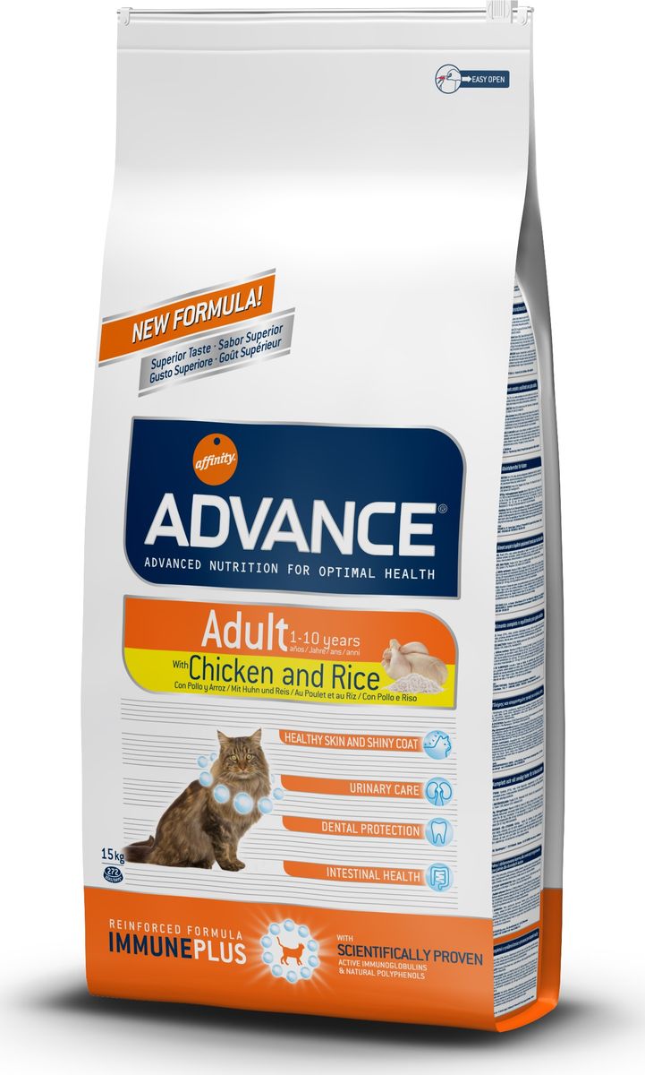 Корму сухой Advance для взрослых кошек: курица и рис Adult C&R, 15 кг. 57351120717 Корму сухой Advance для взрослых кошек: курица и рис Adult C&R, 15 кг. 57351120717Advance – высококачественный корм супер-премиум класса Испанской компании Affinity Petcare, которая занимает лидирующие места на Европейском и мировом рынках. Корм разработан с учетом всех особенностей развития и жизнедеятельности собак и кошек. В линейке кормов Advance любой хозяин может подобрать необходимое питание в соответствии с возрастом и уникальными особенностями своего животного, а также в случае назначения специалистами ветеринарной диеты. Курица (21%), маис, дегидрированное мясо курицы,маисовый глютен, рис (8%), животный жир, гидролизированный белок животного происхождения, дегидрированный белок свинины, гидролизированный белок рыбы,яичный порошок, дрожжи, рыбий жир, хлористый калий, плазменный протеин, соль, природные полифенолы. Affinity Petcare имеет собственную лабораторию, а также сотрудничает со множеством международных исследовательских центров, благодаря чему специалисты постоянно совершенствуют рецептуру и полезные свойства своих кормов. В составе главным...