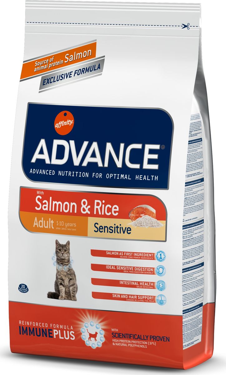 Корму сухой Advance для кошек с чувствительным пищеварением: лосось и рис Adult Salmon Sensitive, 1,5 кг. 92207220719 Корму сухой Advance для кошек с чувствительным пищеварением: лосось и рис Adult Salmon Sensitive, 1,5 кг. 92207220719Advance – высококачественный корм супер-премиум класса Испанской компании Affinity Petcare, которая занимает лидирующие места на Европейском и мировом рынках. Корм разработан с учетом всех особенностей развития и жизнедеятельности собак и кошек. В линейке кормов Advance любой хозяин может подобрать необходимое питание в соответствии с возрастом и уникальными особенностями своего животного, а также в случае назначения специалистами ветеринарной диеты. Лосось (18%), мука из маиса, рис (15%), дегидрированный белок лосося, пшеница, пшеничный протеин, животный жир, маис, гидролизированный белок, свекольный жом, дрожжи, хлористый калий, инулин, плазменный протеин, монокальцийфосфат, природные полифенолы. Affinity Petcare имеет собственную лабораторию, а также сотрудничает со множеством международных исследовательских центров, благодаря чему специалисты постоянно совершенствуют рецептуру и полезные свойства своих кормов. В составе главным источником белка является СВЕЖЕЕ мясо, благодаря...