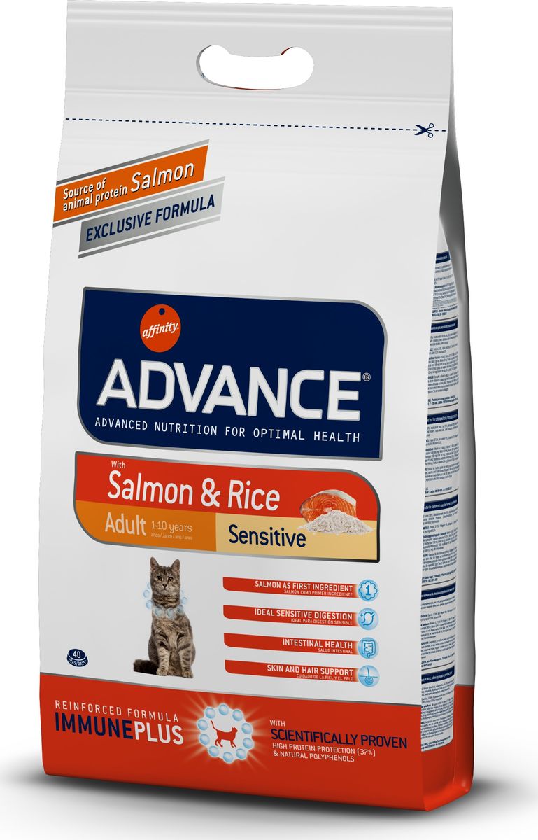 Корму сухой Advance для кошек с чувствительным пищеварением: лосось и рис Adult Salmon Sensitive, 3 кг. 92207320720 Корму сухой Advance для кошек с чувствительным пищеварением: лосось и рис Adult Salmon Sensitive, 3 кг. 92207320720Advance – высококачественный корм супер-премиум класса Испанской компании Affinity Petcare, которая занимает лидирующие места на Европейском и мировом рынках. Корм разработан с учетом всех особенностей развития и жизнедеятельности собак и кошек. В линейке кормов Advance любой хозяин может подобрать необходимое питание в соответствии с возрастом и уникальными особенностями своего животного, а также в случае назначения специалистами ветеринарной диеты. Лосось (18%), мука из маиса, рис (15%), дегидрированный белок лосося, пшеница, пшеничный протеин, животный жир, маис, гидролизированный белок, свекольный жом, дрожжи, хлористый калий, инулин, плазменный протеин, монокальцийфосфат, природные полифенолы. Affinity Petcare имеет собственную лабораторию, а также сотрудничает со множеством международных исследовательских центров, благодаря чему специалисты постоянно совершенствуют рецептуру и полезные свойства своих кормов. В составе главным источником белка является СВЕЖЕЕ мясо, благодаря...