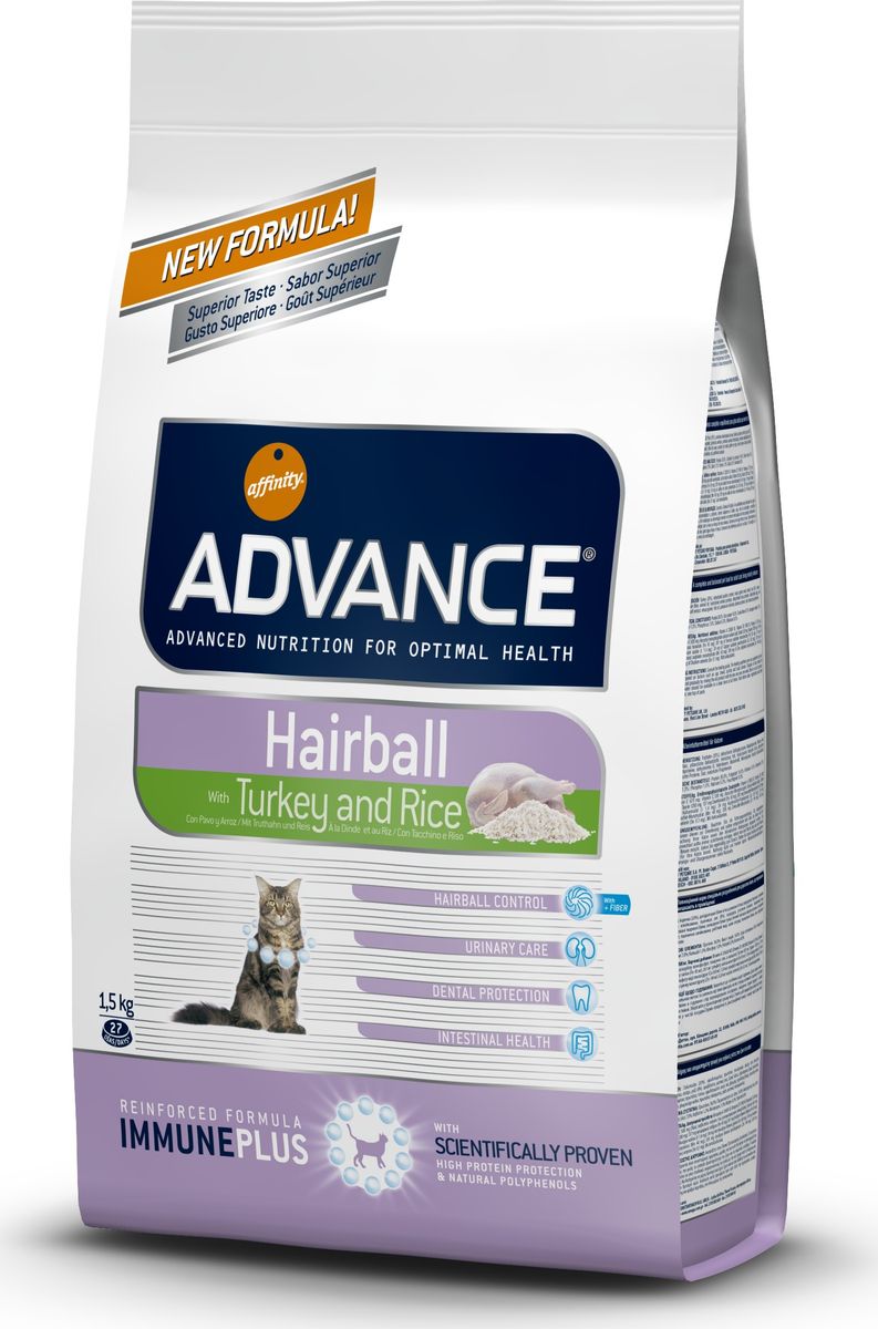Корму сухой Advance для вывода шерсти у кошек: индейка и рис Hairball, 1,5 кг. 53721120723 Корму сухой Advance для вывода шерсти у кошек: индейка и рис Hairball, 1,5 кг. 53721120723Advance – высококачественный корм супер-премиум класса Испанской компании Affinity Petcare, которая занимает лидирующие места на Европейском и мировом рынках. Корм разработан с учетом всех особенностей развития и жизнедеятельности собак и кошек. В линейке кормов Advance любой хозяин может подобрать необходимое питание в соответствии с возрастом и уникальными особенностями своего животного, а также в случае назначения специалистами ветеринарной диеты. Индейка (20%), дегидрированное мясо курицы, мука из маиса, пшеница, рис (8%), маис, растительные волокна, животный жир, гидролизированный белок животного происхождения, дегидрированный белок тунца,,яичный порошок, овсяные волокна, экстракт солода, пшеничный глютен, рыбий жир, хлористый калий, плазменный протеин,соль, природные полифенолы. Affinity Petcare имеет собственную лабораторию, а также сотрудничает со множеством международных исследовательских центров, благодаря чему специалисты постоянно совершенствуют рецептуру и полезные...