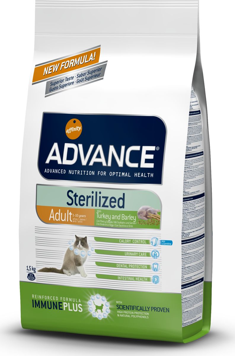Корму сухой Advance для стерилизованных кошек с индейкой Sterilized Turkey, 1,5 кг. 57721920725 Корму сухой Advance для стерилизованных кошек с индейкой Sterilized Turkey, 1,5 кг. 57721920725Advance – высококачественный корм супер-премиум класса Испанской компании Affinity Petcare, которая занимает лидирующие места на Европейском и мировом рынках. Корм разработан с учетом всех особенностей развития и жизнедеятельности собак и кошек. В линейке кормов Advance любой хозяин может подобрать необходимое питание в соответствии с возрастом и уникальными особенностями своего животного, а также в случае назначения специалистами ветеринарной диеты. Индейка (15%), мука из маиса, пшеница, маис, дегидрированный белок курицы, дегидрированный белок свинины, пшеничный глютен, ячмень (8%), волокна гороха, гидролизированный белок животного происхождения, дрожжи, животный жир, соль, инулин,рыбий жир,яичный порошок, хлористый калий, плазменный протеинs,хлористый калий, глюкозамин, хондроитинсульфат, природные полифенолы Affinity Petcare имеет собственную лабораторию, а также сотрудничает со множеством международных исследовательских центров, благодаря чему специалисты постоянно совершенствуют...