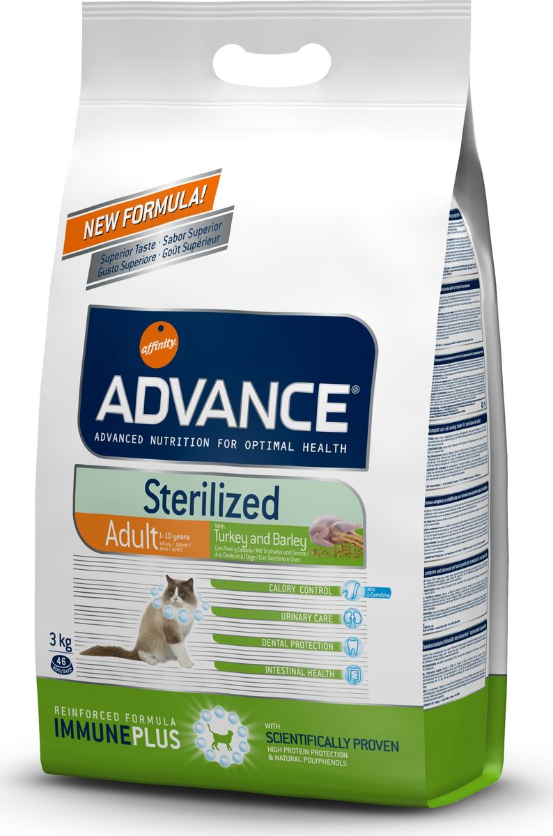 Корму сухой Advance для стерилизованных кошек с индейкой Sterilized Turkey, 3 кг. 57731120726 Корму сухой Advance для стерилизованных кошек с индейкой Sterilized Turkey, 3 кг. 57731120726Advance – высококачественный корм супер-премиум класса Испанской компании Affinity Petcare, которая занимает лидирующие места на Европейском и мировом рынках. Корм разработан с учетом всех особенностей развития и жизнедеятельности собак и кошек. В линейке кормов Advance любой хозяин может подобрать необходимое питание в соответствии с возрастом и уникальными особенностями своего животного, а также в случае назначения специалистами ветеринарной диеты. Индейка (15%), мука из маиса, пшеница, маис, дегидрированный белок курицы, дегидрированный белок свинины, пшеничный глютен, ячмень (8%), волокна гороха, гидролизированный белок животного происхождения, дрожжи, животный жир, соль, инулин,рыбий жир,яичный порошок, хлористый калий, плазменный протеинs,хлористый калий, глюкозамин, хондроитинсульфат, природные полифенолы Affinity Petcare имеет собственную лабораторию, а также сотрудничает со множеством международных исследовательских центров, благодаря чему специалисты постоянно совершенствуют...