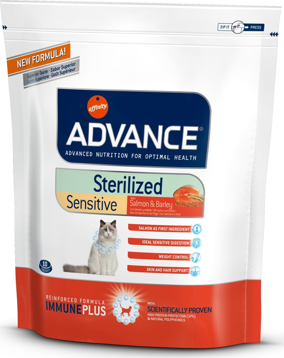 Корму сухой Advance для стерилизованных кошек с лососем Sterilized Sensitive Salmon, 0,4 кг. 92222420728 Корму сухой Advance для стерилизованных кошек с лососем Sterilized Sensitive Salmon, 0,4 кг. 92222420728Advance – высококачественный корм супер-премиум класса Испанской компании Affinity Petcare, которая занимает лидирующие места на Европейском и мировом рынках. Корм разработан с учетом всех особенностей развития и жизнедеятельности собак и кошек. В линейке кормов Advance любой хозяин может подобрать необходимое питание в соответствии с возрастом и уникальными особенностями своего животного, а также в случае назначения специалистами ветеринарной диеты. Affinity Petcare имеет собственную лабораторию, а также сотрудничает со множеством международных исследовательских центров, благодаря чему специалисты постоянно совершенствуют рецептуру и полезные свойства своих кормов. Лосось (18%), маисовый протеин, маис, дегидрированный белок лосося, пшеничный протеин, ячмень (8%), гидролизированный белок животного происхождения, растительные волокна, свекольный жом, животный жир, дрожжи, соль, хлористый калий, инулин, плазменный протеинs, природные полифенолы. В составе главным источником белка...
