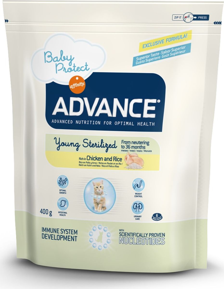 Корму сухой Advance для стерилизованных кошек до 3 лет Young Sterilized, 0,4 кг. 92223320732 Корму сухой Advance для стерилизованных кошек до 3 лет Young Sterilized, 0,4 кг. 92223320732Advance – высококачественный корм супер-премиум класса Испанской компании Affinity Petcare, которая занимает лидирующие места на Европейском и мировом рынках. Корм разработан с учетом всех особенностей развития и жизнедеятельности собак и кошек. В линейке кормов Advance любой хозяин может подобрать необходимое питание в соответствии с возрастом и уникальными особенностями своего животного, а также в случае назначения специалистами ветеринарной диеты. Курица (16.5%), мука из маиса, рис (14%),дегидрированный белок свинины, маис, дегидрированное мясо курицы, гидролизированный белок животного происхождения, пшеничный глютен, животный жир, гороховые волокна, свекольный жом, монокальцийфосфат, яичный порошок, растительные волокна, рыбий жир, дрожжи, карбонат кальция, хлористый калий,совевое масло, плазменный протеинs, фруктоолигосахариды, соль, нуклеотиды. Курица (16.5%), мука из маиса, рис (14%),дегидрированный белок свинины, маис, дегидрированное мясо курицы, гидролизированный белок...