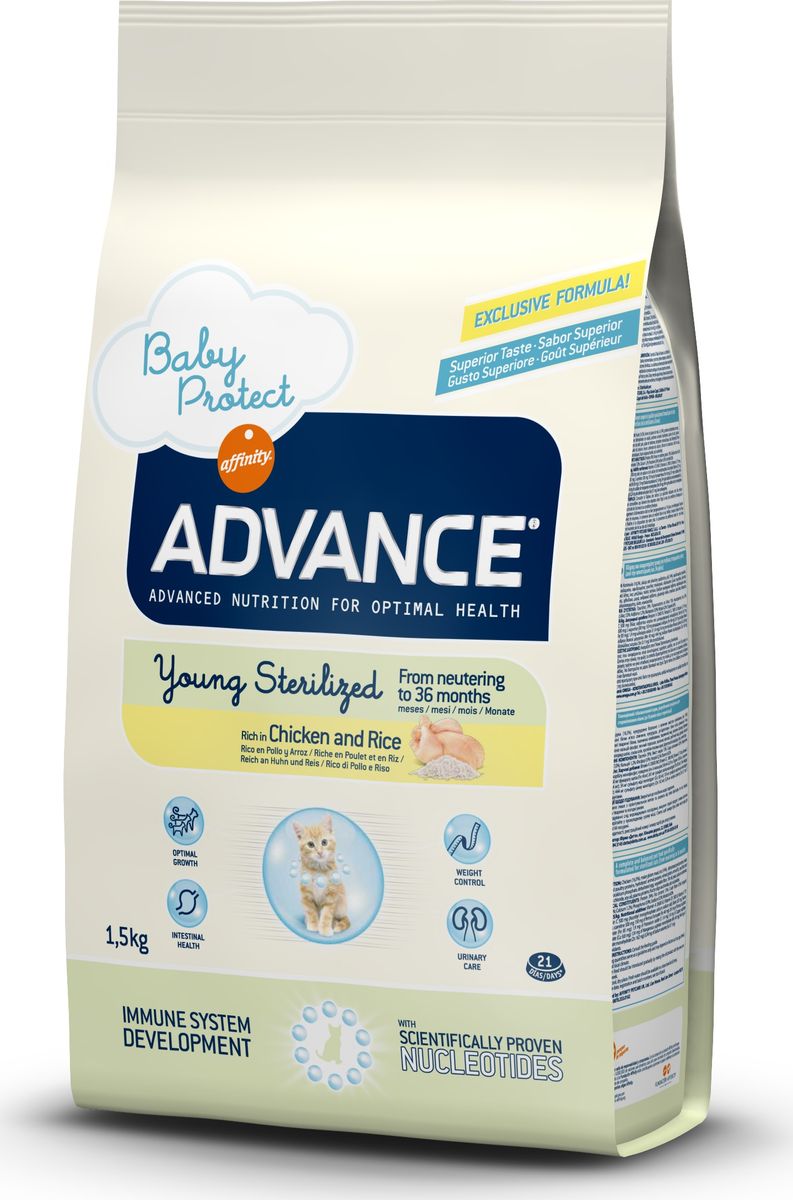Корму сухой Advance для стерилизованных кошек до 3 лет Young Sterilized, 1,5 кг. 50092120733 Корму сухой Advance для стерилизованных кошек до 3 лет Young Sterilized, 1,5 кг. 50092120733Advance – высококачественный корм супер-премиум класса Испанской компании Affinity Petcare, которая занимает лидирующие места на Европейском и мировом рынках. Корм разработан с учетом всех особенностей развития и жизнедеятельности собак и кошек. В линейке кормов Advance любой хозяин может подобрать необходимое питание в соответствии с возрастом и уникальными особенностями своего животного, а также в случае назначения специалистами ветеринарной диеты. Курица (16.5%), мука из маиса, рис (14%),дегидрированный белок свинины, маис, дегидрированное мясо курицы, гидролизированный белок животного происхождения, пшеничный глютен, животный жир, гороховые волокна, свекольный жом, монокальцийфосфат, яичный порошок, растительные волокна, рыбий жир, дрожжи, карбонат кальция, хлористый калий,совевое масло, плазменный протеинs, фруктоолигосахариды, соль, нуклеотиды. Курица (16.5%), мука из маиса, рис (14%),дегидрированный белок свинины, маис, дегидрированное мясо курицы, гидролизированный белок...