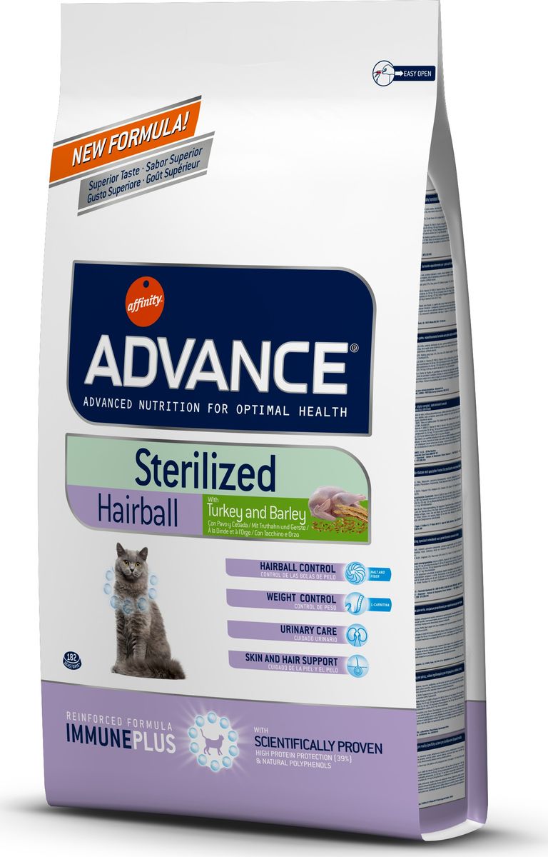 Корму сухой Advance для вывода шерсти у стерилизованных кошек Sterilized Hairball, 1,5 кг. 92186420734 Корму сухой Advance для вывода шерсти у стерилизованных кошек Sterilized Hairball, 1,5 кг. 92186420734Advance – высококачественный корм супер-премиум класса Испанской компании Affinity Petcare, которая занимает лидирующие места на Европейском и мировом рынках. Корм разработан с учетом всех особенностей развития и жизнедеятельности собак и кошек. В линейке кормов Advance любой хозяин может подобрать необходимое питание в соответствии с возрастом и уникальными особенностями своего животного, а также в случае назначения специалистами ветеринарной диеты. Индейка (15%), маис, маисовый протеин, дегидрированный белок свинины, дегидрированное мясо курицы, ячмень (8%), гидролизированный белок животного происхождения, пшеничный протеин, растительные волокна, свекольный жом, животный жир, экстракт солода, пшеница, соль, инулин, рыбий жир, хлористый калий, плазменный протеинs, природные полифенолы. Affinity Petcare имеет собственную лабораторию, а также сотрудничает со множеством международных исследовательских центров, благодаря чему специалисты постоянно совершенствуют рецептуру и полезные...