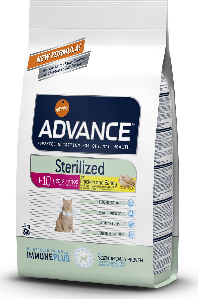 Корму сухой Advance для стерилизованных кошек старше 7 лет Sterilized 7 Years Senior, 1,5 кг. 50067920737 Корму сухой Advance для стерилизованных кошек старше 7 лет Sterilized 7 Years Senior, 1,5 кг. 50067920737Advance – высококачественный корм супер-премиум класса Испанской компании Affinity Petcare, которая занимает лидирующие места на Европейском и мировом рынках. Корм разработан с учетом всех особенностей развития и жизнедеятельности собак и кошек. В линейке кормов Advance любой хозяин может подобрать необходимое питание в соответствии с возрастом и уникальными особенностями своего животного, а также в случае назначения специалистами ветеринарной диеты. Курица (18%), маис, мука из маиса, дегидрированное мясо курицы, ячмень (8%), животный жир, пшеница, пшеничный глютен,дегидрированный белок свинины, гидролизированный белок животного происхождения,дегидрированный белок лосося, растительные волокна,яичный порошок, рыбий жир, дрожжи, инулин, хлористый калий, плазменный протеин, соль, глюкозамин, хондроитинсульфат, природные полифенолы. Affinity Petcare имеет собственную лабораторию, а также сотрудничает со множеством международных исследовательских центров, благодаря чему специалисты...