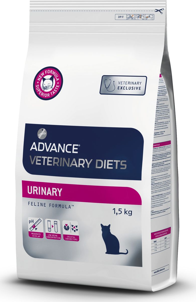 Корму сухой Advance для кошек при мочекаменной болезни Urinary, 1,5 кг. 59621120752 Корму сухой Advance для кошек при мочекаменной болезни Urinary, 1,5 кг. 59621120752Advance – высококачественный корм супер-премиум класса Испанской компании Affinity Petcare, которая занимает лидирующие места на Европейском и мировом рынках. Корм разработан с учетом всех особенностей развития и жизнедеятельности собак и кошек. В линейке кормов Advance любой хозяин может подобрать необходимое питание в соответствии с возрастом и уникальными особенностями своего животного, а также в случае назначения специалистами ветеринарной диеты. Курица, маисовый глютен, дегидрированный белок свинины, рис, пшеница, дегидрированный белок курицы, мука из маиса, маис, гидролизированные белки животного происхождения, животные жиры, яичный порошок, соль, хлорид калия,рыбий жир,глюкозамин, хондроитин сульфат. Окислители мочевины: маисовый глютен, фосфорная кислота и DL-метионин. Affinity Petcare имеет собственную лабораторию, а также сотрудничает со множеством международных исследовательских центров, благодаря чему специалисты постоянно совершенствуют рецептуру и полезные свойства...
