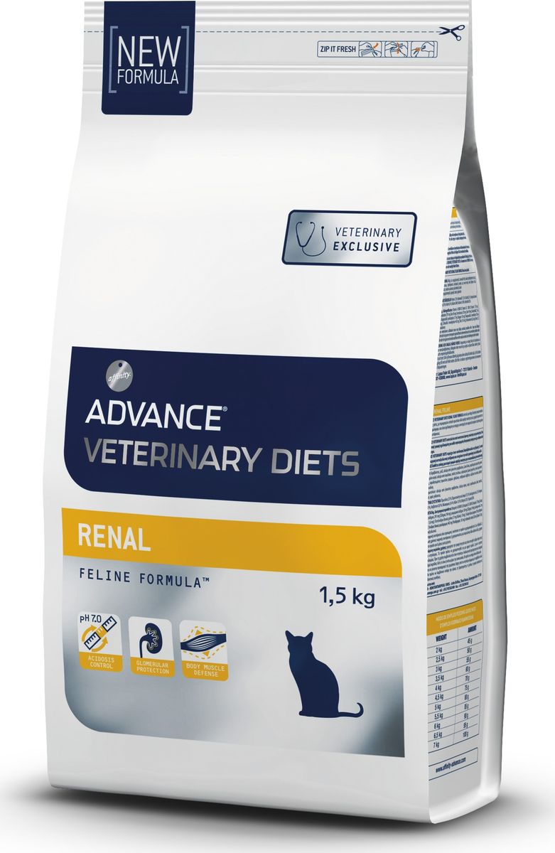 Корму сухой Advance для кошек при почечной недостаточности Renal Failure, 1,5 кг. 59821120755 Корму сухой Advance для кошек при почечной недостаточности Renal Failure, 1,5 кг. 59821120755Advance – высококачественный корм супер-премиум класса Испанской компании Affinity Petcare, которая занимает лидирующие места на Европейском и мировом рынках. Корм разработан с учетом всех особенностей развития и жизнедеятельности собак и кошек. В линейке кормов Advance любой хозяин может подобрать необходимое питание в соответствии с возрастом и уникальными особенностями своего животного, а также в случае назначения специалистами ветеринарной диеты. маис, рис, маисовый глютен, животные жиры,дегидрированный белок свинины, яичный порошок, мука из соевых бобов,свекольный жом, гидролизированные белки животного происхождения, дегидрированная сыворотка, дегидрированный белок рыбы,рыбий жир,карбонат кальция, казеинат натрия, хлорид калия, инулин.Источники белка: маисовый глютен, мука из соевых бобов, яйцо, дегидрированные животные белки, казеинат,сыворотка. Affinity Petcare имеет собственную лабораторию, а также сотрудничает со множеством международных исследовательских центров, благодаря...
