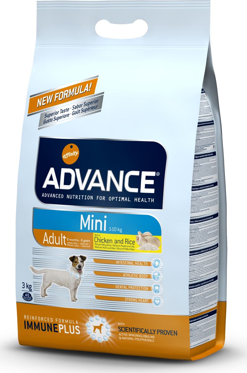 Корму сухой Advance для взрослых собак малых пород с 8 месяцев Mini Adult, 3 кг. 50231946472 Корму сухой Advance для взрослых собак малых пород с 8 месяцев Mini Adult, 3 кг. 50231946472Advance – высококачественный корм супер-премиум класса Испанской компании Affinity Petcare, которая занимает лидирующие места на Европейском и мировом рынках. Корм разработан с учетом всех особенностей развития и жизнедеятельности собак и кошек. В линейке кормов Advance любой хозяин может подобрать необходимое питание в соответствии с возрастом и уникальными особенностями своего животного, а также в случае назначения специалистами ветеринарной диеты. Курица (20%), рис (15%), дегидрированное мясо курицы, пшеница, маисовый глютен, животный жир, маис, гидролизированный белок животного происхождения, свекольный жом, рыбий жир,яичный порошок, дрожжи, хлористый калий, плазменный протеин, пирофосфорнокислый натрий,карбонат кальция, соль, природные полифенолы. Affinity Petcare имеет собственную лабораторию, а также сотрудничает со множеством международных исследовательских центров, благодаря чему специалисты постоянно совершенствуют рецептуру и полезные свойства своих кормов. В составе...