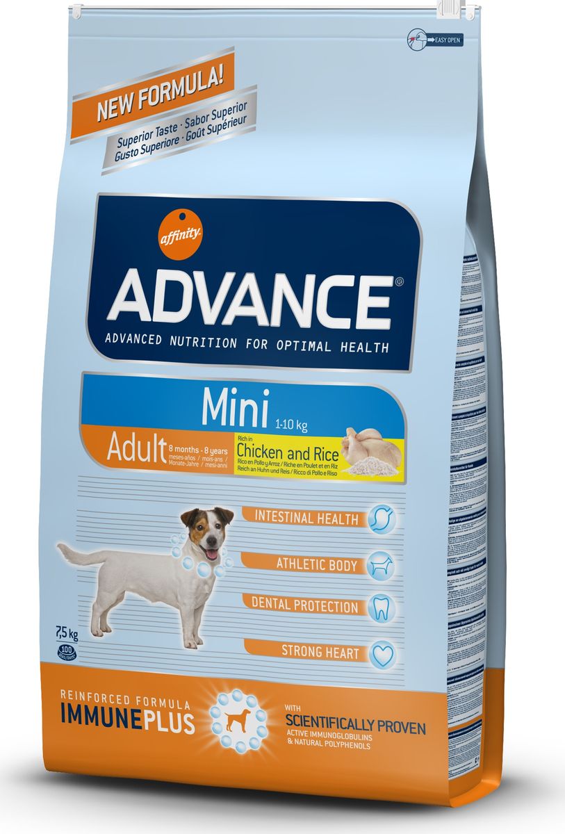 Корму сухой Advance для взрослых собак малых пород с 8 месяцев Mini Adult, 7,5 кг. 54541146473 Корму сухой Advance для взрослых собак малых пород с 8 месяцев Mini Adult, 7,5 кг. 54541146473Advance – высококачественный корм супер-премиум класса Испанской компании Affinity Petcare, которая занимает лидирующие места на Европейском и мировом рынках. Корм разработан с учетом всех особенностей развития и жизнедеятельности собак и кошек. В линейке кормов Advance любой хозяин может подобрать необходимое питание в соответствии с возрастом и уникальными особенностями своего животного, а также в случае назначения специалистами ветеринарной диеты. Курица (20%), рис (15%), дегидрированное мясо курицы, пшеница, маисовый глютен, животный жир, маис, гидролизированный белок животного происхождения, свекольный жом, рыбий жир,яичный порошок, дрожжи, хлористый калий, плазменный протеин, пирофосфорнокислый натрий,карбонат кальция, соль, природные полифенолы. Affinity Petcare имеет собственную лабораторию, а также сотрудничает со множеством международных исследовательских центров, благодаря чему специалисты постоянно совершенствуют рецептуру и полезные свойства своих кормов. В составе...