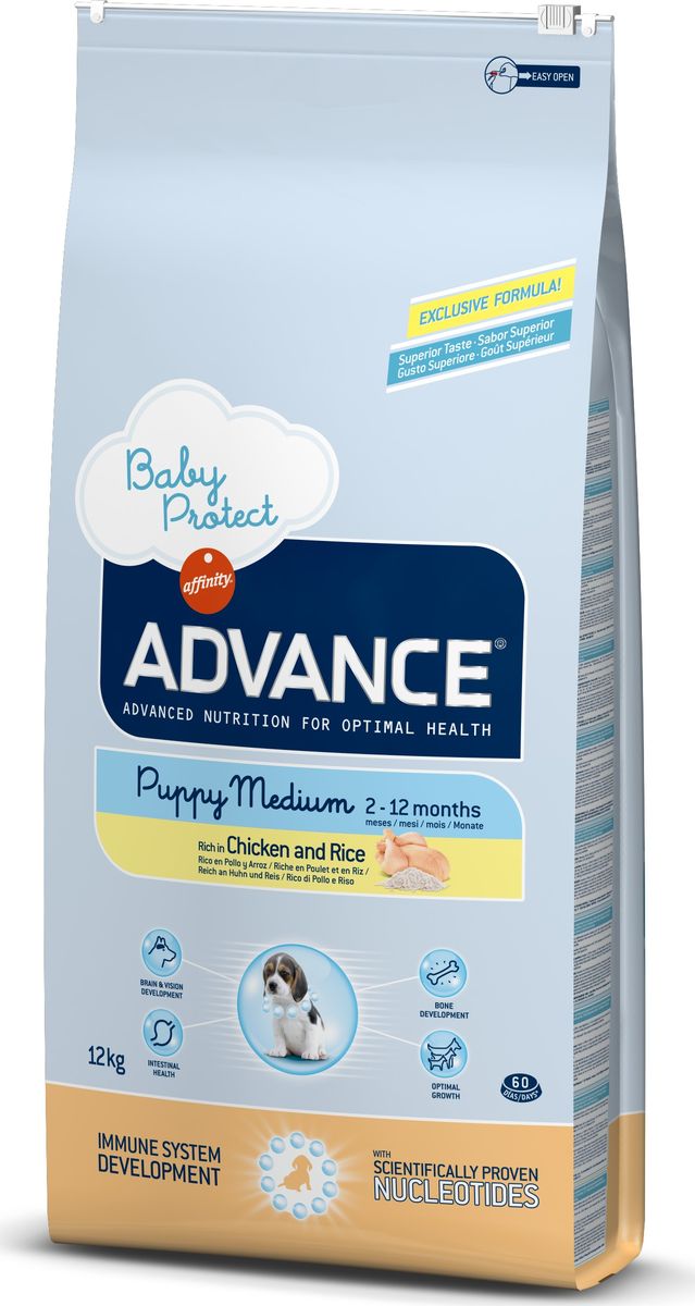 Корму сухой Advance для щенков средних пород от 2 до 12 месяцев Baby Protect Medium, 12 кг. 92216246474 Корму сухой Advance для щенков средних пород от 2 до 12 месяцев Baby Protect Medium, 12 кг. 92216246474Advance – высококачественный корм супер-премиум класса Испанской компании Affinity Petcare, которая занимает лидирующие места на Европейском и мировом рынках. Корм разработан с учетом всех особенностей развития и жизнедеятельности собак и кошек. В линейке кормов Advance любой хозяин может подобрать необходимое питание в соответствии с возрастом и уникальными особенностями своего животного, а также в случае назначения специалистами ветеринарной диеты. Курица (20%), рис (17%), дегидрированное мясо курицы, мука из маиса, маис, животный жир, гидролизированный белок животного происхождения, пшеница, свекольный жом, рыбий жир,яичный порошок, дрожжи, плазменный протеин, хлористый калий, соль, трикальцийфосфат, нуклеотиды Affinity Petcare имеет собственную лабораторию, а также сотрудничает со множеством международных исследовательских центров, благодаря чему специалисты постоянно совершенствуют рецептуру и полезные свойства своих кормов. В составе главным источником белка является СВЕЖЕЕ...