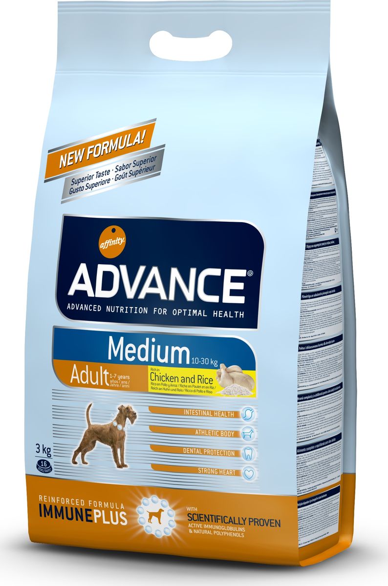 Корму сухой Advance для собак средних пород от 1 года Medium Adult, 3 кг. 50831946476 Корму сухой Advance для собак средних пород от 1 года Medium Adult, 3 кг. 50831946476Advance – высококачественный корм супер-премиум класса Испанской компании Affinity Petcare, которая занимает лидирующие места на Европейском и мировом рынках. Корм разработан с учетом всех особенностей развития и жизнедеятельности собак и кошек. В линейке кормов Advance любой хозяин может подобрать необходимое питание в соответствии с возрастом и уникальными особенностями своего животного, а также в случае назначения специалистами ветеринарной диеты. Курица (20%), рис (15%), дегидрированное мясо курицы, пшеница, мука из маиса, животный жир, маис, гидролизированный белок животного происхождения, свекольный жом, рыбий жир,яичный порошок, дрожжи, хлористый калий, плазменный протеин, пирофосфорнокислый натрий, соль, природные полифенолы. Affinity Petcare имеет собственную лабораторию, а также сотрудничает со множеством международных исследовательских центров, благодаря чему специалисты постоянно совершенствуют рецептуру и полезные свойства своих кормов. В составе главным источником белка...