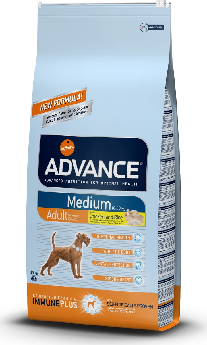 Корму сухой Advance для собак средних пород от 1 года Medium Adult, 14 кг. 50033346477 Корму сухой Advance для собак средних пород от 1 года Medium Adult, 14 кг. 50033346477Advance – высококачественный корм супер-премиум класса Испанской компании Affinity Petcare, которая занимает лидирующие места на Европейском и мировом рынках. Корм разработан с учетом всех особенностей развития и жизнедеятельности собак и кошек. В линейке кормов Advance любой хозяин может подобрать необходимое питание в соответствии с возрастом и уникальными особенностями своего животного, а также в случае назначения специалистами ветеринарной диеты. Курица (20%), рис (15%), дегидрированное мясо курицы, пшеница, мука из маиса, животный жир, маис, гидролизированный белок животного происхождения, свекольный жом, рыбий жир,яичный порошок, дрожжи, хлористый калий, плазменный протеин, пирофосфорнокислый натрий, соль, природные полифенолы. Affinity Petcare имеет собственную лабораторию, а также сотрудничает со множеством международных исследовательских центров, благодаря чему специалисты постоянно совершенствуют рецептуру и полезные свойства своих кормов. В составе главным источником белка...