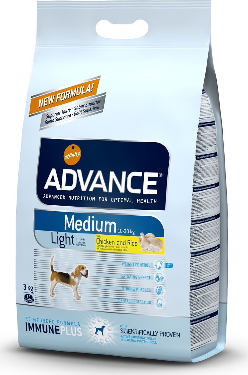 Корму сухой Advance Контроль веса для собак средних пород Medium Light, 3 кг. 50931946479 Корму сухой Advance Контроль веса для собак средних пород Medium Light, 3 кг. 50931946479Advance – высококачественный корм супер-премиум класса Испанской компании Affinity Petcare, которая занимает лидирующие места на Европейском и мировом рынках. Корм разработан с учетом всех особенностей развития и жизнедеятельности собак и кошек. В линейке кормов Advance любой хозяин может подобрать необходимое питание в соответствии с возрастом и уникальными особенностями своего животного, а также в случае назначения специалистами ветеринарной диеты. Курица (15%), пшеница, рис (12%), маис, дегидрированное мясо курицы, кукурузный глютен, мука из пшеницы, гидролизированный белок животного происхождения,дегидрированный белок свинины, свекольный жом, кукурузные отруби, животный жир, дрожжи,растительные волокна, рыбий жир, хлористый калий, плазменный протеин,карбонат кальция, пирофосфорнокислый натрий, соль, природные полифенолы. Affinity Petcare имеет собственную лабораторию, а также сотрудничает со множеством международных исследовательских центров, благодаря чему специалисты постоянно...