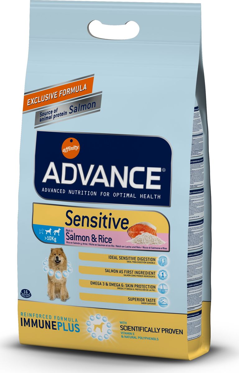 Корму сухой Advance для собак с чувствительным пищеварением: лосось и рис Sensitive, 3 кг. 52431946480 Корму сухой Advance для собак с чувствительным пищеварением: лосось и рис Sensitive, 3 кг. 52431946480Advance – высококачественный корм супер-премиум класса Испанской компании Affinity Petcare, которая занимает лидирующие места на Европейском и мировом рынках. Корм разработан с учетом всех особенностей развития и жизнедеятельности собак и кошек. В линейке кормов Advance любой хозяин может подобрать необходимое питание в соответствии с возрастом и уникальными особенностями своего животного, а также в случае назначения специалистами ветеринарной диеты. Лосось (18%), маис, мука из маиса, рис (14%), дегидрированный белок лосося, животный жир, гидролизированный протеин, дрожжи, свекольный жом, кормовая мука из рапсового жмыха, растительные волокна, хлористый калий, карбонат кальция фруктоолигосахариды, пирофосфорнокислый натрий, соль, природные полифенолы. Affinity Petcare имеет собственную лабораторию, а также сотрудничает со множеством международных исследовательских центров, благодаря чему специалисты постоянно совершенствуют рецептуру и полезные свойства своих кормов. В составе главным...