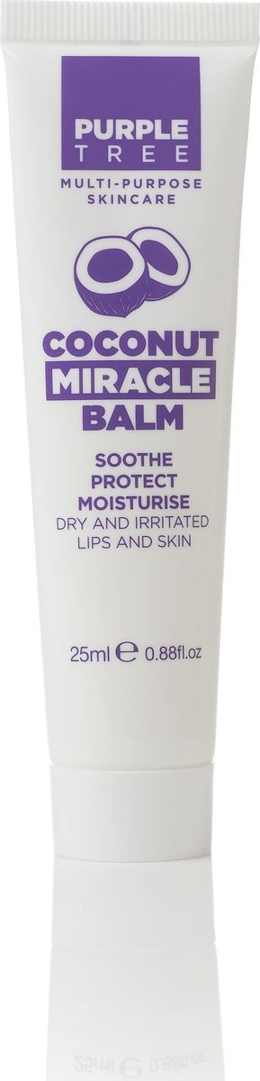 Purple Tree Бальзам для губ Miracle Balm Coconut, 25 мл000119 Purple Tree Бальзам для губ Miracle Balm Coconut, 25 мл000119Масло кокоса увлажняет, питает, обладает противовоспалительными и регенерирующими свойствами. Является антиоксидантом, защищая кожу от негативных воздействий окружающей среды, быстро впитывается. Прекрасно успокаивает раздраженную кожу, в том числе и от укусов насекомых. Может быть использован для лечения ногтей и кутикул и косметических процедур укладка бровей и удлинение ресниц.