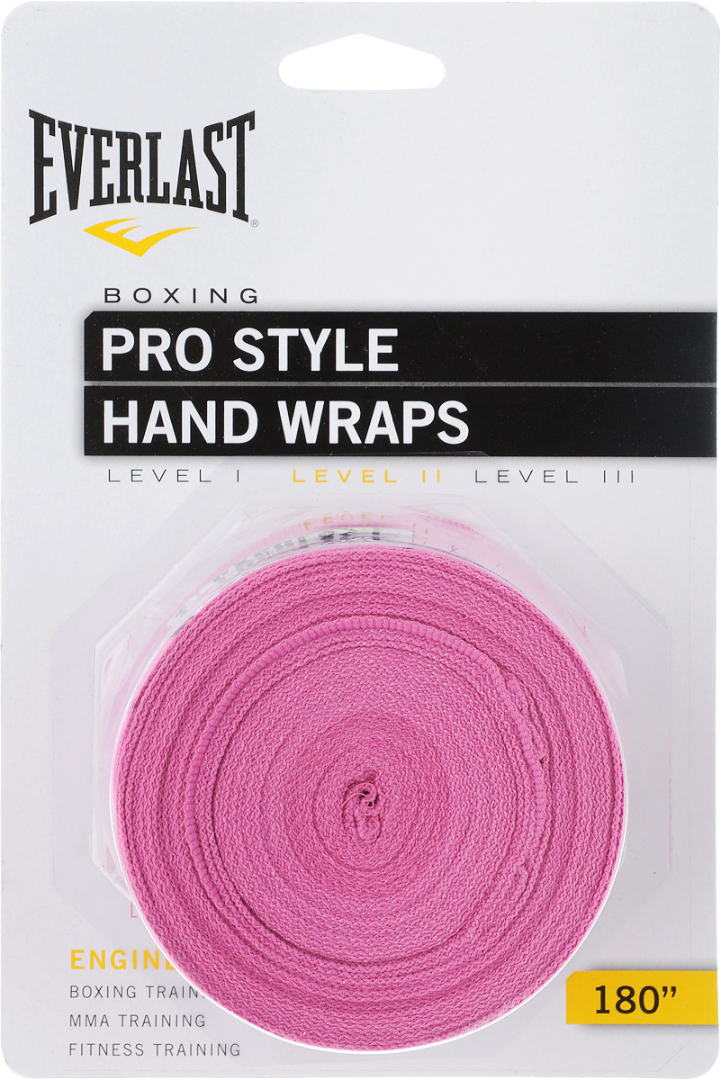 Бинт боксерский Everlast Pro style, эластичный, цвет: розовый, длина 4,55 м, 2 шт4456PNKU Бинт боксерский Everlast Pro style, эластичный, цвет: розовый, длина 4,55 м, 2 шт4456PNKUЭластичный бинт Everlast Pro style обеспечивает высокую степень комфорта и безопасности во время тренировок. Материал прекрасно защищает костяшки пальцев, ладонь и запястье, и, в то же время, не препятствует доступу воздуха к коже, позволяя руке дышать. Бинт снабжен удобным креплением на большой палец и надежной застежкой на липучке. Изготовлен из современного эластичного материала, благодаря чему обладает высокой прочностью и износоустойчивостью. Подлежит машинной стирке. Длина одного бинта: 4,55 м. Ширина: 5 см.