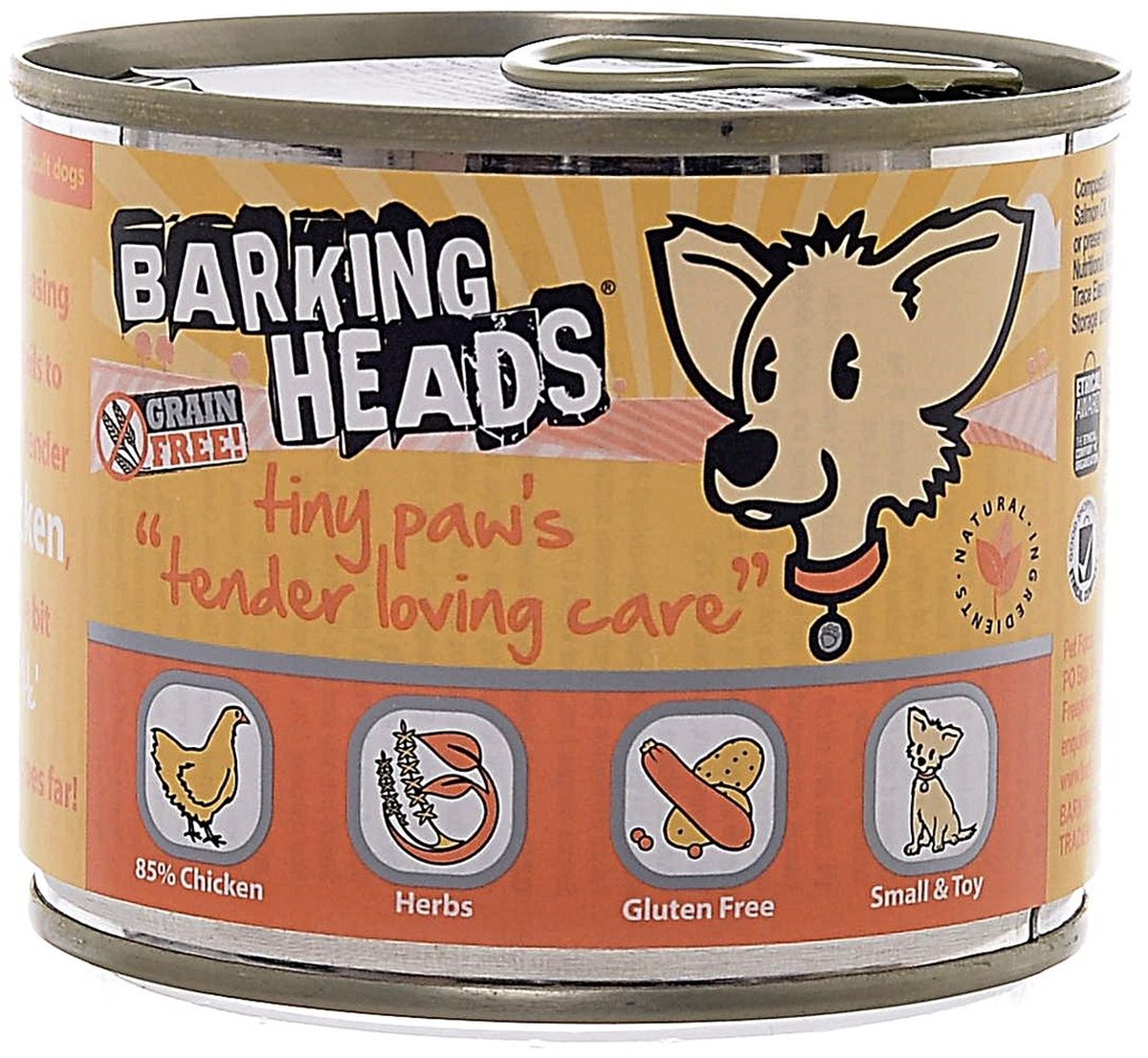 Консервы Barking Heads Нежная забота для мелколапого для собак мелких пород, с курицей, 200 г13829 Консервы Barking Heads Нежная забота для мелколапого для собак мелких пород, с курицей, 200 г13829Состав: 85% Курицы (60% Курицы, 25% Куриного бульона), Батат, Сушеная морковь, Кабачки, Горох, Растительное масло, Лососевый жир, Ламинария, Люцерна, Сушеная петрушка, Сельдерей, Корень цикория, Крапива, Куркума, Анисовое семя. Гарантированный анализ: Белок 10,1%, Содержание жира 6,5%, Зола 2,5%, Клетчатка 0,5%, Влага 75%. Витамины: Витамин D3 2000 IU, Витамин Е 30 МЕ. Комплекс микроэлементов: Моногидрат сульфата цинка 15 мг, Моногидрат сульфата марганца 3 мг, Безводный йодат кальция 0,75 мг.