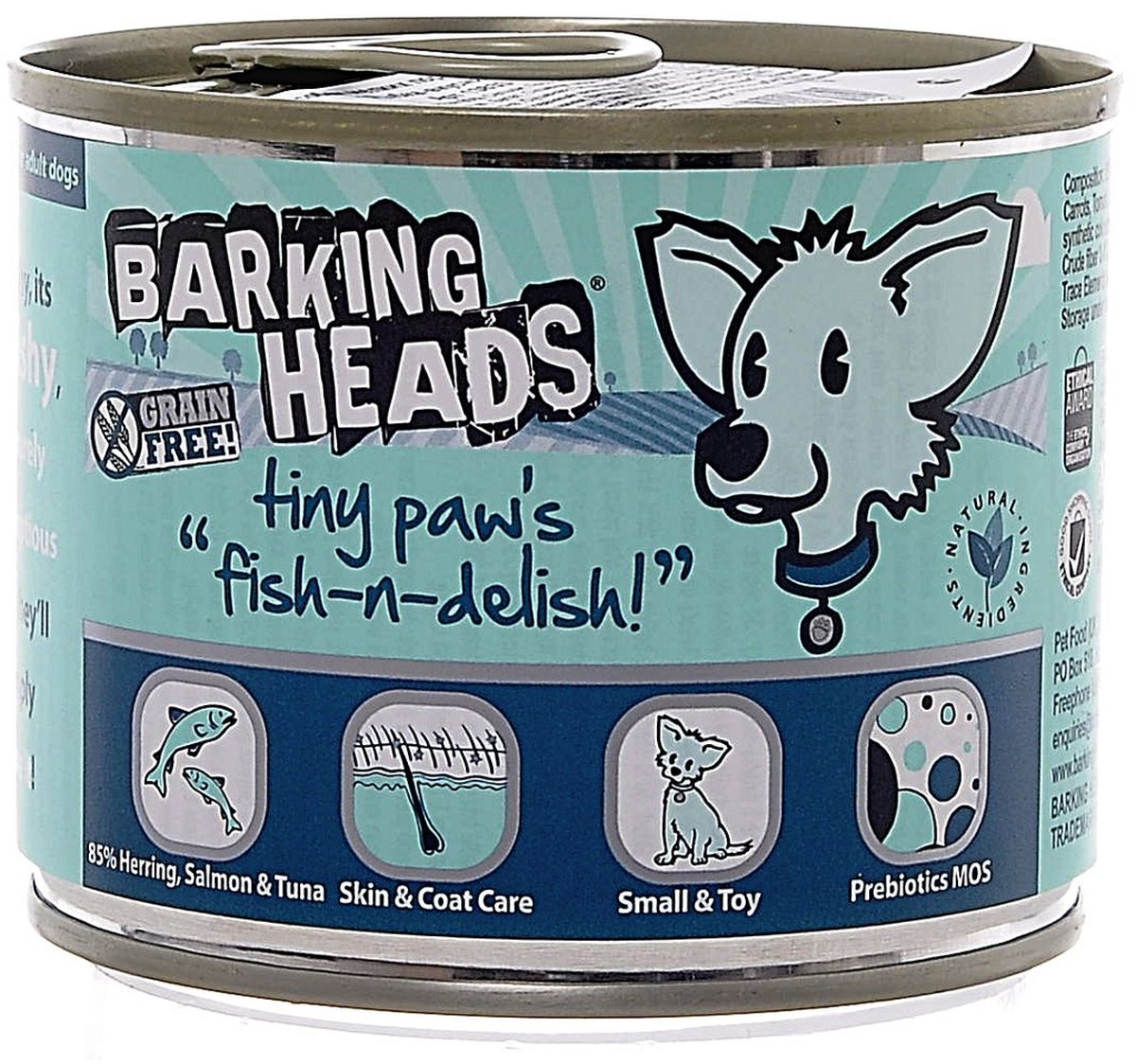 Консервы Barking Heads Рыбка-вкусняшка для собак мелких пород, с лососем, тунцом и сельдью, 200 г13833 Консервы Barking Heads Рыбка-вкусняшка для собак мелких пород, с лососем, тунцом и сельдью, 200 г13833Состав: 85% Сельди, Лосося и Тунца (30% Сельди, 25% Рыбного бульона, 20% Лосося, 10% Тунца), Батат, Сушеная морковь, Томаты, Растительное масло, Льняное масло, Ламинария, Люцерна, Сушеная Петрушка, Сельдерей, Корень цикория, Куркума, Крапива, Анисовое семя. Гарантированный анализ: Белок 10,5%, Жир 6%, Зола 2,5%, Клетчатка 0,4%, Влага 75%. Витамины: Витамин D3 2000 IU, Витамин Е 30 МЕг Комплекс микроэлементов: Моногидрат сульфата цинка 15 мг, Моногидрат сульфата марганца 3 мг, Безводный йодат кальция 0,75 мг.