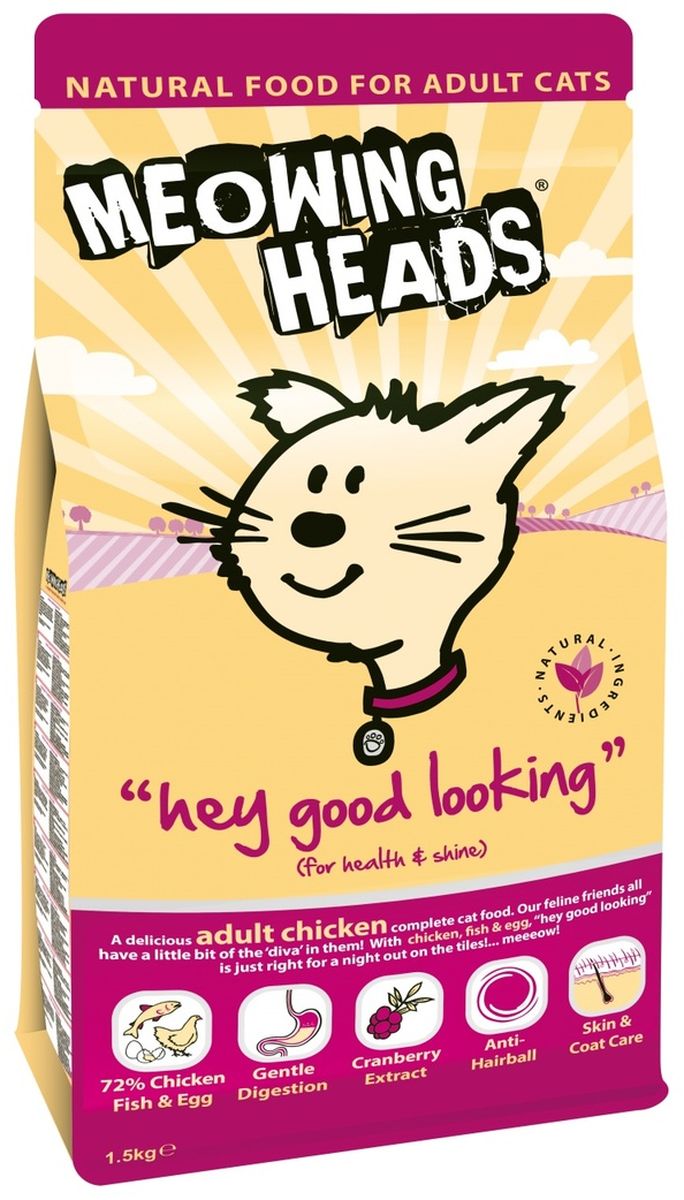 Корм сухой Barking Heads Эй, красавчик для взрослых кошек, с курицей и рисом, 1,5 кг20583 Корм сухой Barking Heads Эй, красавчик для взрослых кошек, с курицей и рисом, 1,5 кг20583Полноценный корм для взрослых кошек hey good looking (для здоровья и блестящей шерсти). Состав: 72% Курицы, Рыбы и Яйца (22% свежего куриного филе, 20% дегидрированного куриного мяса, 12% дегидрированной рыбы, 10% сухого яичного продукта, 4% куриного жира, 3% куриного бульона, 1% рыбного бульона), Рис, Овес, Томаты, Морские водоросли, Овощная клетчатка, Морковь, Клюква Никаких синтетических красителей, ароматизаторов или консервантов. Белок 35%, Процент содержания жира 18%, Клетчатка 2,75%, Зола 9%, Влага 7%, Омега-6 2,8%, Омега-3 1,2%, Таурин 1000 мг/кг Витамины: Витамин А 24,700 IU, Витамин D3 1,680 IU, Витамин E 320 IU. Комплекс микроэлементов: Моногидрат сульфата железа 592 мг, Моногидрат сульфата цинка 411 мг, Моногидрат сульфата марганца 81 мг, Пентагидрат сульфата меди 30 мг, Безводный йодат кальция 3,64 мг, Селенит натрия 0,41 мг.
