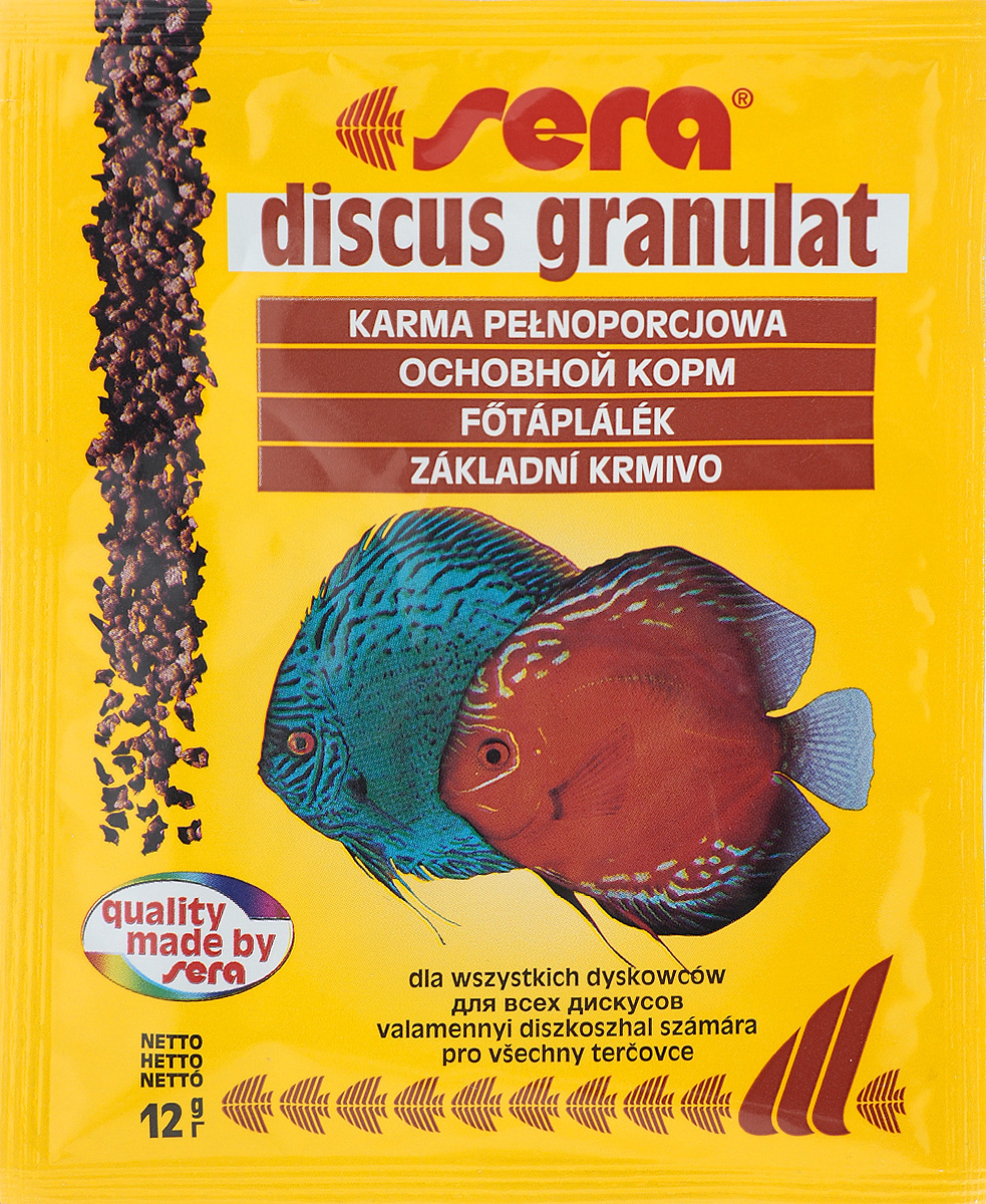 Корм для рыб Sera Discus Granulat, 12 г0308 Корм для рыб Sera Discus Granulat, 12 г0308Корм для рыб Sera Discus Granulat является идеальным кормом для дискусов, а также для других средних и мелких цихлид из Южной и Центральной Америки. Тщательно подобранный состав сырья и специальная технология изготовления гарантируют высокое качество корма. Товар сертифицирован.