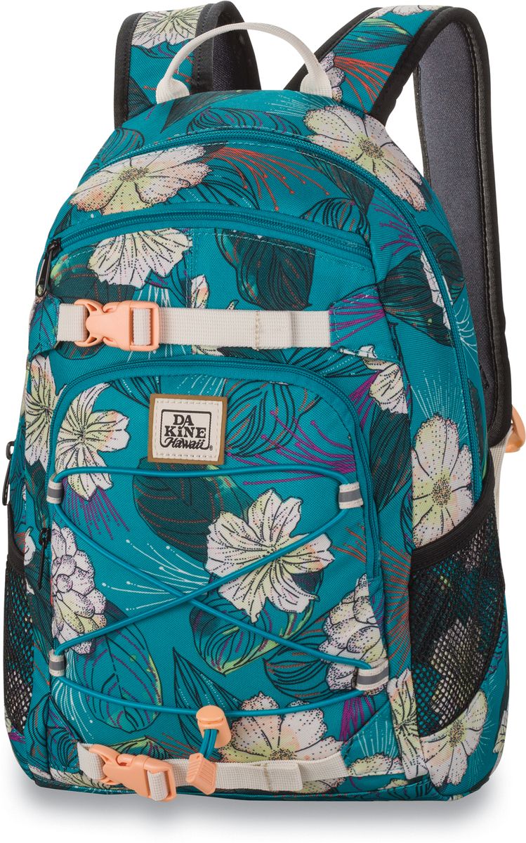 Рюкзак женский Dakine Grom Pualani Blue, цвет: бирюзовый, 13 л. 821010500127249 8210105 Рюкзак женский Dakine Grom Pualani Blue, цвет: бирюзовый, 13 л. 821010500127249 8210105Городской женский рюкзак. С лямками для переноски скейтборда. Карман для очков из мягкого флиса. Резиновый шнур для закрепления вещей снаружи рюкзака. Бороковые карманы из сетки. Фронтальный карман на молнии. Грудной ремешок с встроенным свистком.