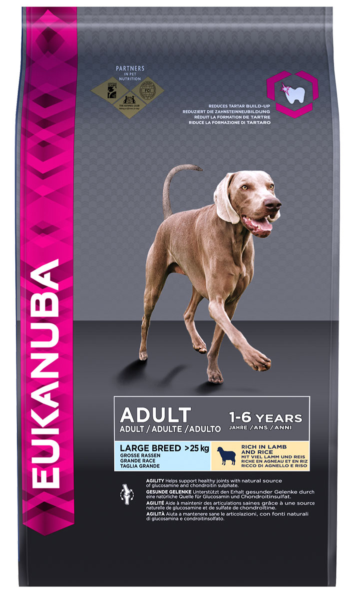 Корм сухой Eukanuba для взрослых собак крупных пород, с ягненком, 2,5 кг81388120 Корм сухой Eukanuba для взрослых собак крупных пород, с ягненком, 2,5 кг81388120Сухой корм Eukanuba на основе мяса ягненка и риса - это полноценный сбалансированный корм для собак крупных пород (25-40 кг) в возрасте 1-6 лет и собак гигантских пород (более 40 кг) возрастом от 2 до 5 лет. Корм разработан для поддержания здоровья суставов. Не содержит искусственных красителей и ароматизаторов. Корм имеет большое содержание мяса ягненка, что содействует построению и сохранению мускулатуры для наилучшей физической формы. В составе корма содержатся компоненты только самого высокого качества, тщательно подобранные для обеспечения 100% полноценного и сбалансированного питания. Корм Eukanuba использует клинически испытанные ингредиенты в 6 ключевых направлениях: - Надежная защита. Антиоксиданты поддерживают естественную защиту организма. - Кожа и шерсть. Оптимальное соотношение омега-6 и -3 жирных кислот для поддержания здоровой кожи и блестящей шерсти. - Крепкие мышцы. Животные белки способствуют укреплению и...