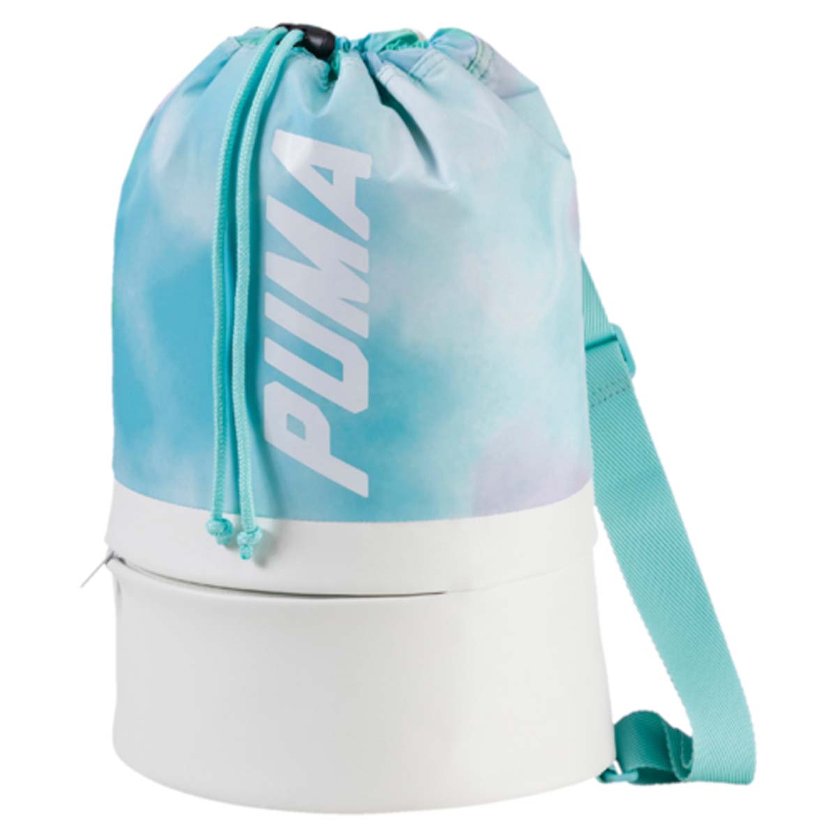 Рюкзак женский Puma Prime Bucket Bag P, цвет: белый, бирюзовый. 0745560207455602 Рюкзак женский Puma Prime Bucket Bag P, цвет: белый, бирюзовый. 0745560207455602Рюкзак Puma выполнен из текстиля. Модель с одним отделением, застегивается при помощи затягивающегося шнурка. Рюкзак оснащен регулируемыми по длине тонкими плечевыми лямками.