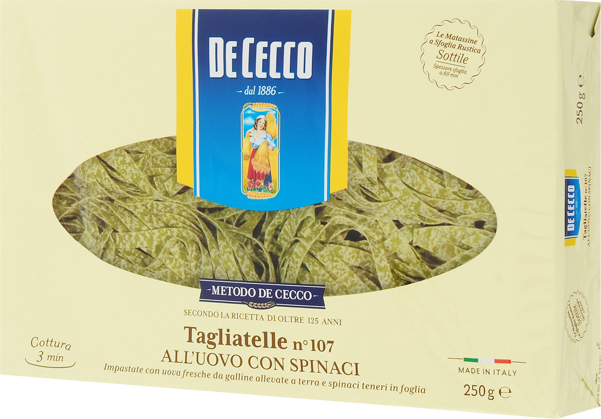 De Cecco паста тальятелле со шпинатом с добавлением яйца, 250 г8001250501073 De Cecco паста тальятелле со шпинатом с добавлением яйца, 250 г8001250501073Яичная паста тальятелле с добавлением шпината из твердых сортов более крепкая, не превращается в клейкую массу и подходит для большинства блюд итальянской кухни. Яичная паста более нежная и часто используется для приготовления в духовке. Паста-любимая еда итальянцев. Происхождение макарон относят к этрусским временам, что оказывается на 500 лет раньше китайской лапши.