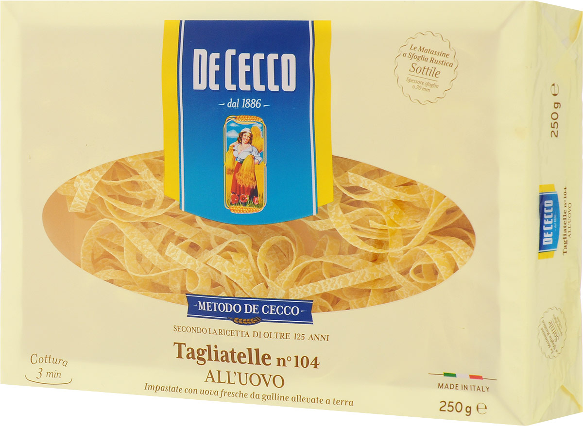De Cecco паста тальятелле с добавлением яйца №104, 250 г8001250201041 De Cecco паста тальятелле с добавлением яйца №104, 250 г8001250201041Тальятелле родом из Эмилия-Романья (Emilia), где являются частью гастрономической и кулинарной традиции. О происхождение пасты Тальятелле в регионе Эмилия, свидетельствует их частое упоминание в народных поговороках местного населения. Тальятелле достаточно универсальны в приготовлении, могут подаваться как разные блюда и сочетаться с разными видами соусов и приправ. Отлично сочетаются с такими ингредиентами, как рыба, моллюски, сливочное масло. Так же хорошо сочетаются с белыми соусами из мягких сыров и сливок с добавлением карри и шафрана.