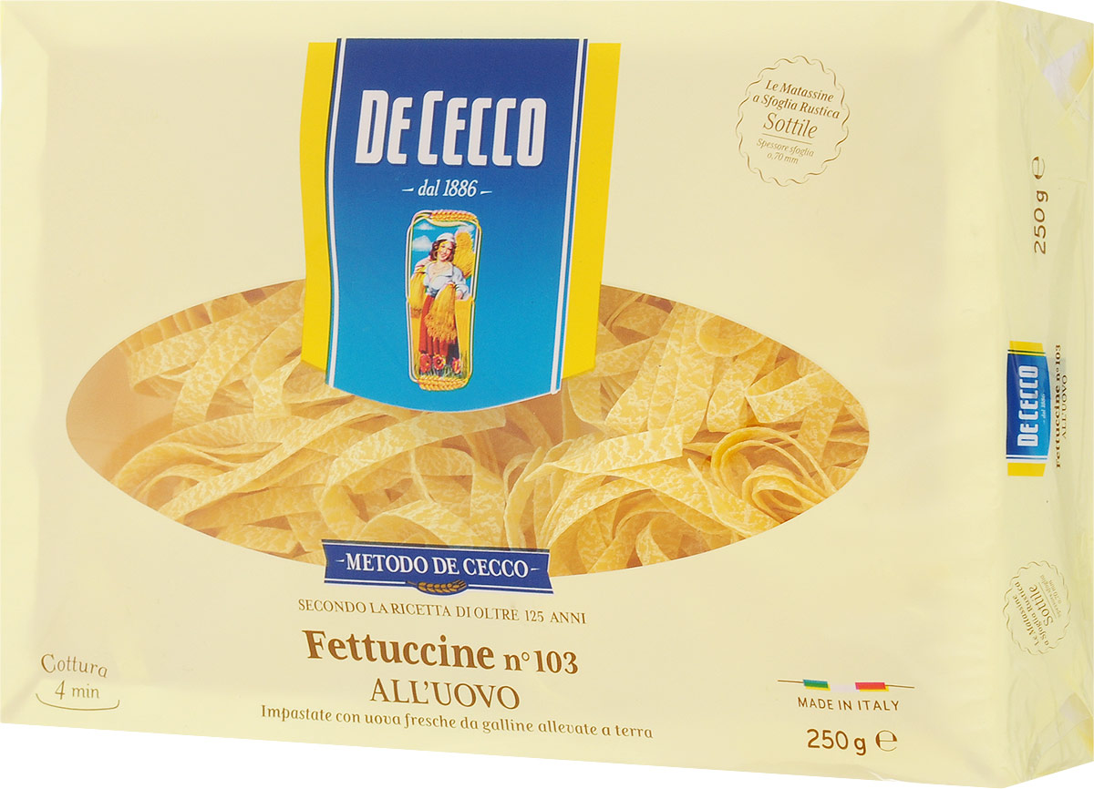 De Cecco паста феттучине с добавлением яйца №103, 250 г8001250201034 De Cecco паста феттучине с добавлением яйца №103, 250 г8001250201034Паста феттучине относится к семейству длинных макаронных изделий скрученных в гнезда. Феттучине очень универсальны в приготовлении и подаются с различными соусами, особенно рекомендуются в рецептах с томатным соусом и мясным рагу. А также прекрасно подходят для приготовления рецептов на основе морепродуктов, особенно с моллюсками.