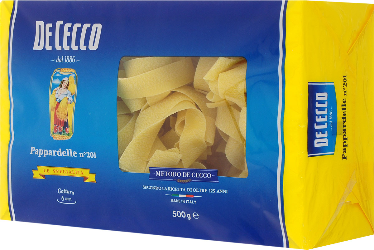 De Cecco паста паппарделле №201, 500 г8001250152015 De Cecco паста паппарделле №201, 500 г8001250152015Паста De Cecco Паппарделле родом из Центральной и Южной Италии, относится к семейству длинной пасты скрученной в гнезда. Обычно имеет плоское сечение, толщиной 0,96 мм. Паппарделле особенно подходят для приготовления блюд на основе соусов из мяса дичи, также на основе соуса из помидоров и сыров, на основе соусов кремовой консистенции, которые хорошо распределяется по всей поверхности пасты.