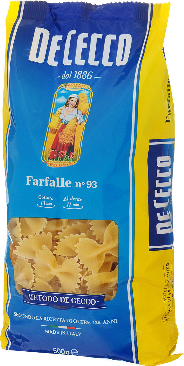 De Cecco паста фарфалле №93, 500 г8001250120939 De Cecco паста фарфалле №93, 500 г8001250120939Паста фарфалле De Cecco - это полоски теста со сборками в центре, имеющие форму бабочки. Для их изготовления используется мука из твердых сортов пшеницы, отличающейся особой твердостью зерен и сладковатым ореховым вкусом. Паста гармонирует с нежными сливочными и сырными соусами.