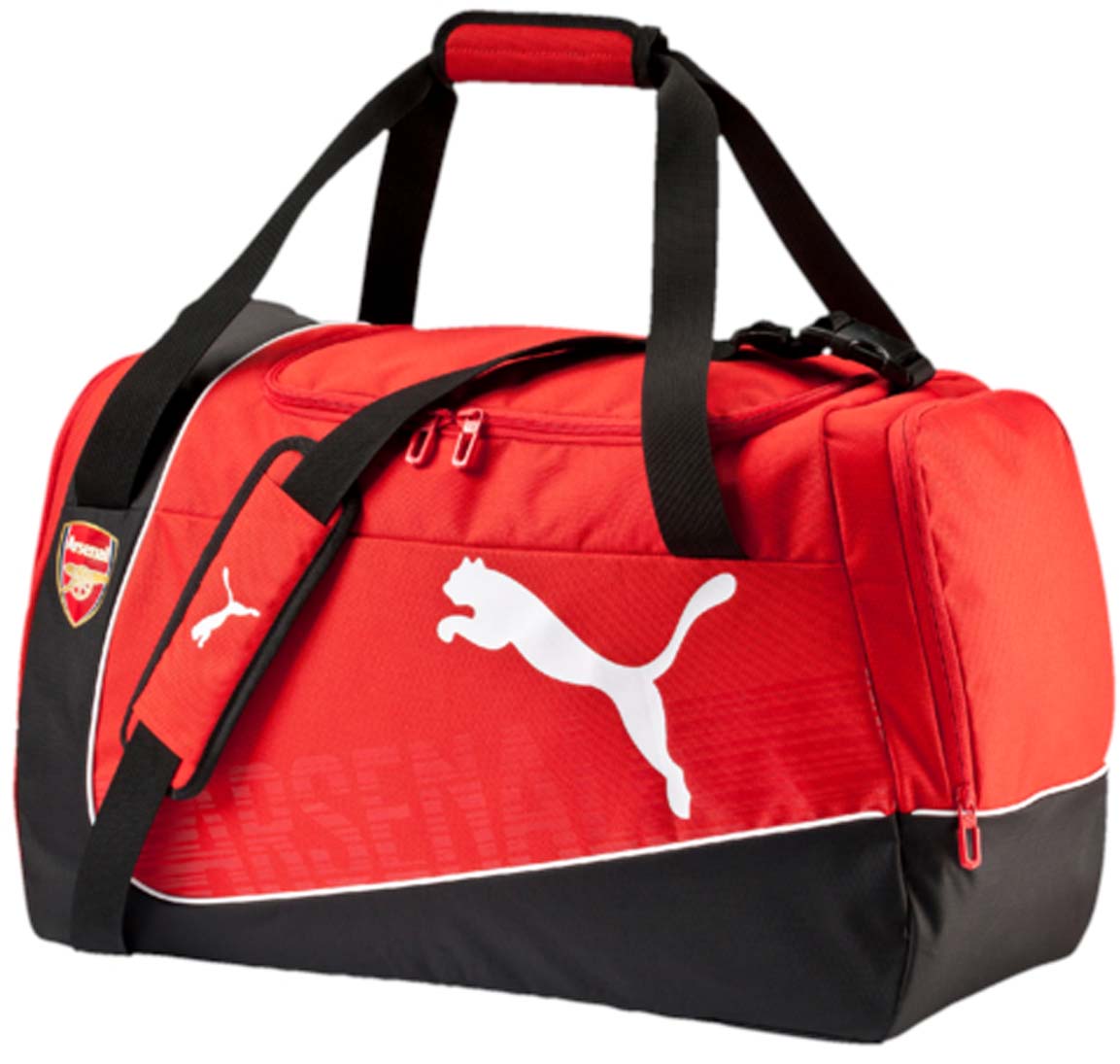 Сумка спортивная Puma Arsenal Medium Bag, цвет: красный. 0739050107390501 Сумка спортивная Puma Arsenal Medium Bag, цвет: красный. 0739050107390501Вместительная спортивная сумка от Puma. Модель выполнена из высококачественного износоустойчивого полиэстера черного и красного цветов и декорирована логотипом бренда спереди и эмблемой ФК Арсенал. У модели два боковых кармана на молнии, отверстия для вентиляции, регулируемый плечевой ремень.