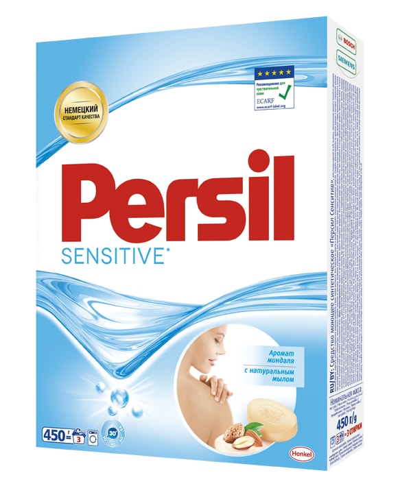 Стиральный порошок Persil Сенситив 450 г935110 Стиральный порошок Persil Сенситив 450 г935110Persil Sensitive прекрасно подходит для стирки белья людей с чувствительной кожей. Удаляет даже сложные пятна. Содержит натуральное мыло. Persil Sensitive имеет нежный аромат миндаля. Дерматологически протестирован. Рекомендован Европейским центром исследований проблем аллергии (ECARF) для людей с чувствительной кожей. Состав: 5-15% анионные ПАВ, кислородсодержащий отбеливатель; Товар сертифицирован.