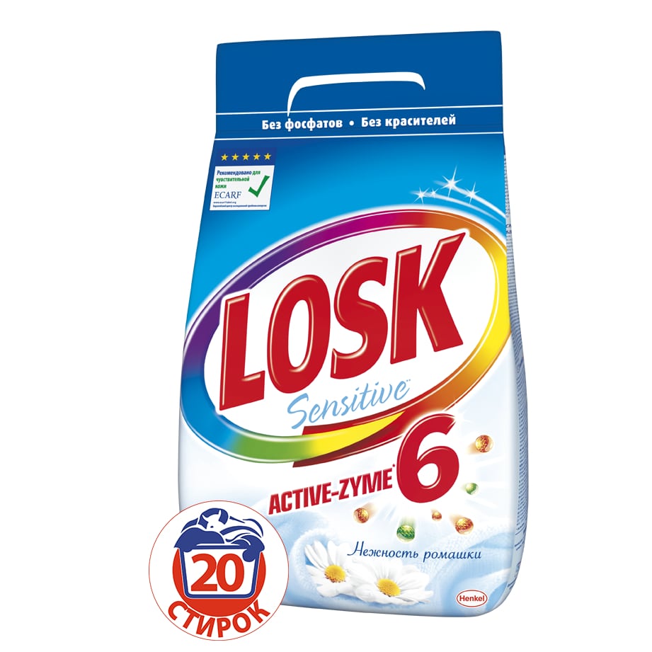 Порошок стиральный Losk Active-Zyme 6 Sensitive, нежность ромашки, 3 кг935232 Порошок стиральный Losk Active-Zyme 6 Sensitive, нежность ромашки, 3 кг935232Для чистоты и свежести Ваших вещей в сочетании с заботой о нежной коже. LOSK Active-Zyme6 Sensitive - дарит ощущение нежного аромата ромашки, а входящие в состав 6 активных энзимов эффективно воздействуют на различные типы загрезнений и ухаживают за тканью. LOSK Active-Zyme6 Sensitive - дерматологически протестирован и подходит для стирки белья людей с чувствительной кожей, что подтверждено Европейским центром исследований проблем аллергии (ECARF).