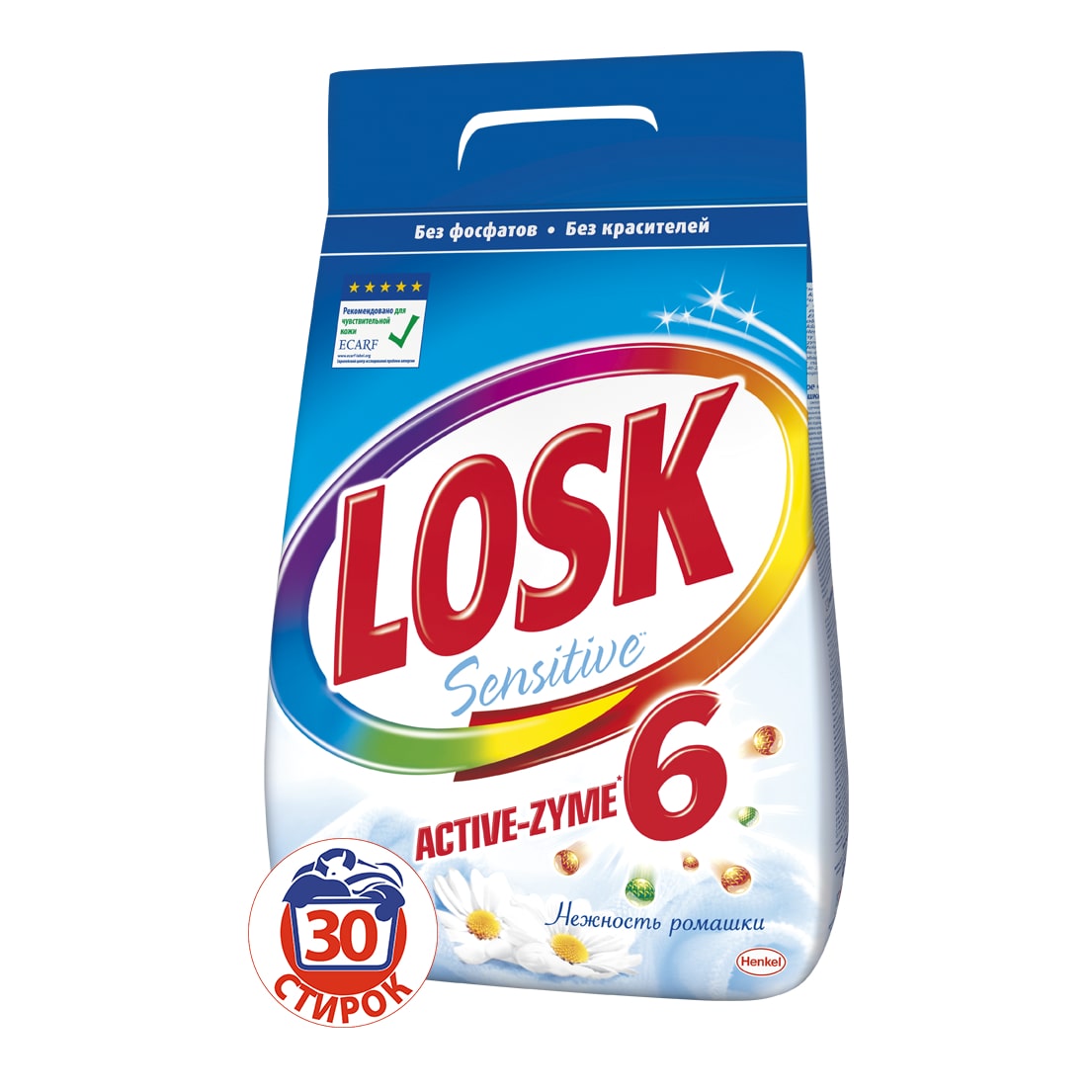 Порошок стиральный Losk Active-Zyme 6 Sensitive, нежность ромашки, 4,5 кг935233 Порошок стиральный Losk Active-Zyme 6 Sensitive, нежность ромашки, 4,5 кг935233Для чистоты и свежести Ваших вещей в сочетании с заботой о нежной коже. LOSK Active-Zyme6 Sensitive - дарит ощущение нежного аромата ромашки, а входящие в состав 6 активных энзимов эффективно воздействуют на различные типы загрезнений и ухаживают за тканью. LOSK Active-Zyme6 Sensitive - дерматологически протестирован и подходит для стирки белья людей с чувствительной кожей, что подтверждено Европейским центром исследований проблем аллергии (ECARF).